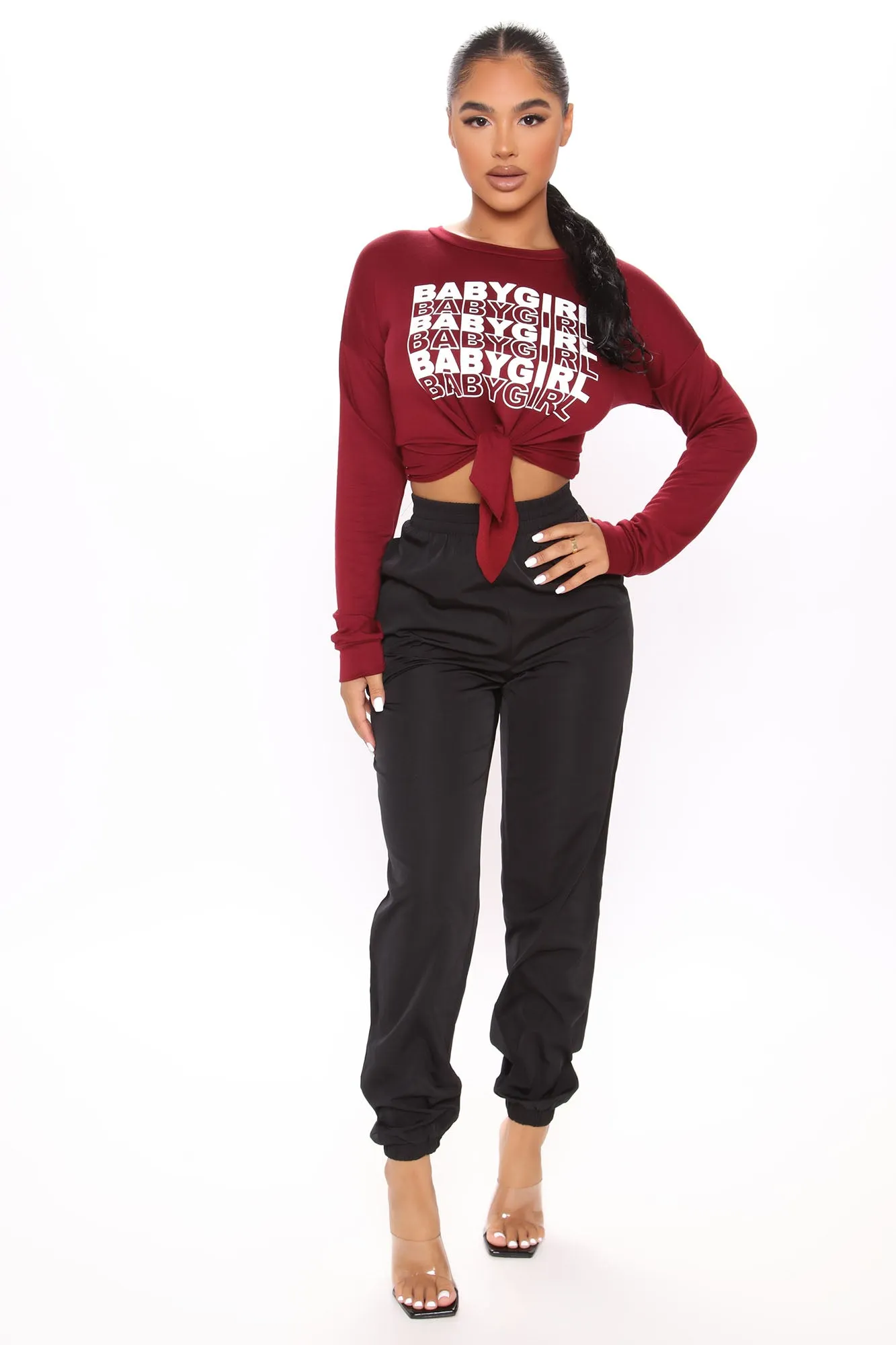 Baby Girl Tie Front Cropped Top - Burgundy