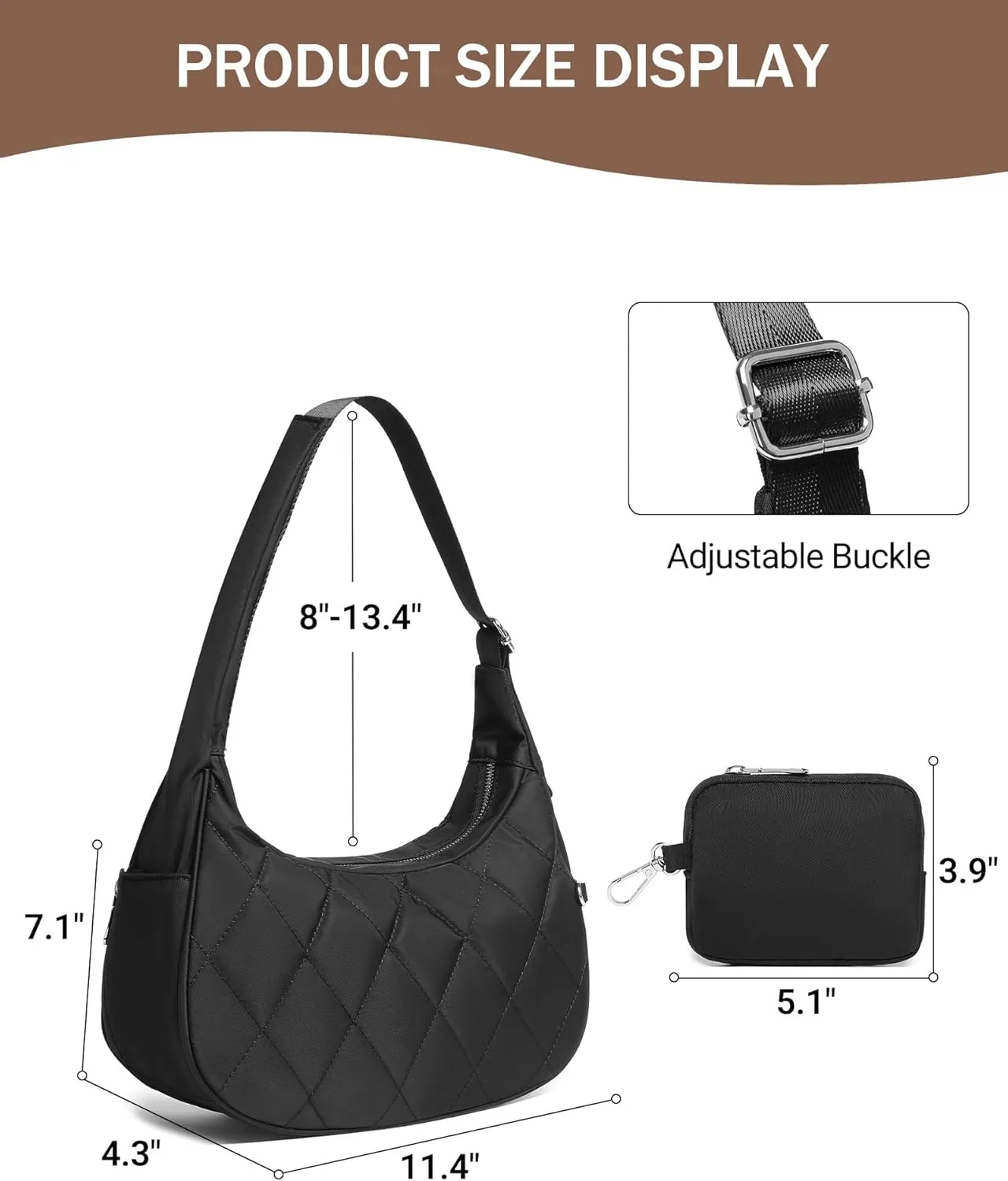 BAVERGE Nylon Crescent Bag Women Small Quilted Shoulder Purse Women's Hobo Handbag with Coin Wallet Mini Tote