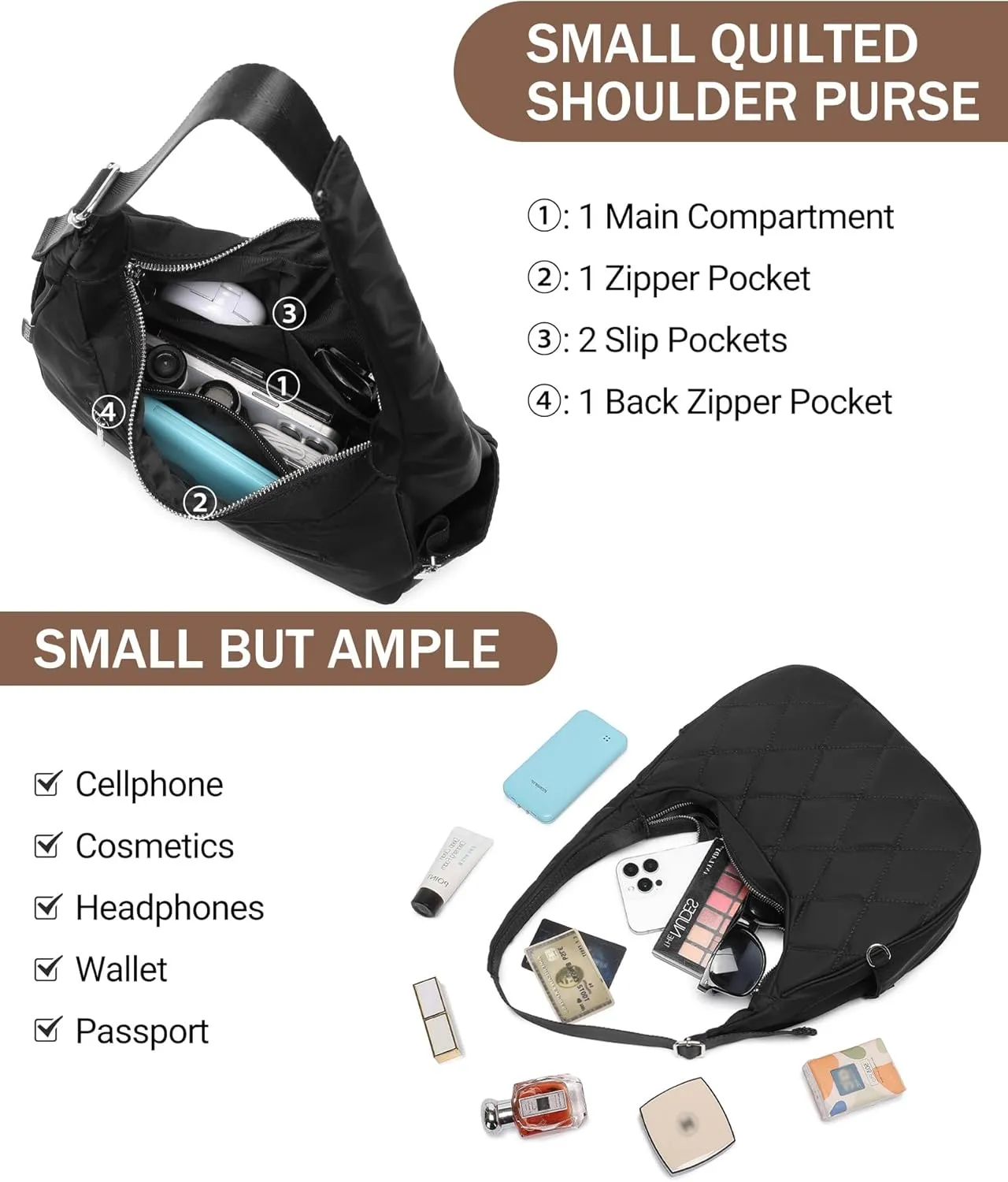 BAVERGE Nylon Crescent Bag Women Small Quilted Shoulder Purse Women's Hobo Handbag with Coin Wallet Mini Tote