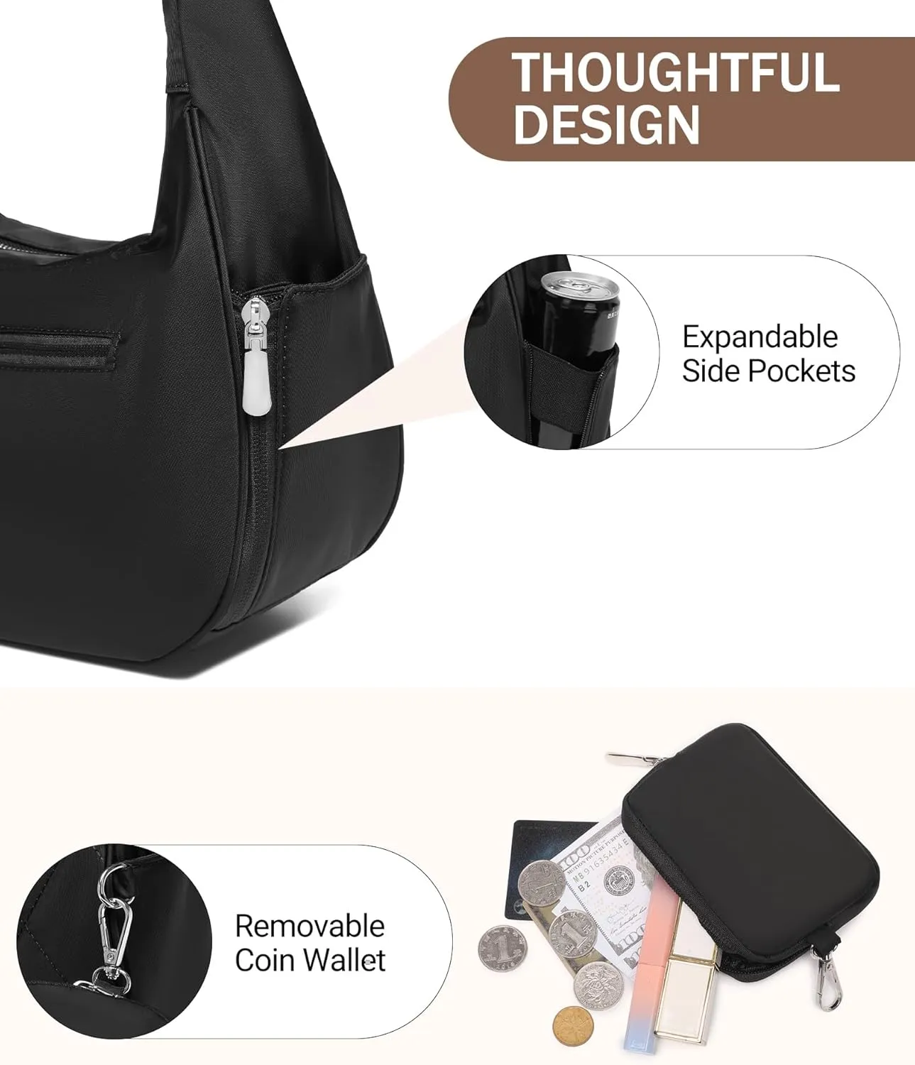 BAVERGE Nylon Crescent Bag Women Small Quilted Shoulder Purse Women's Hobo Handbag with Coin Wallet Mini Tote