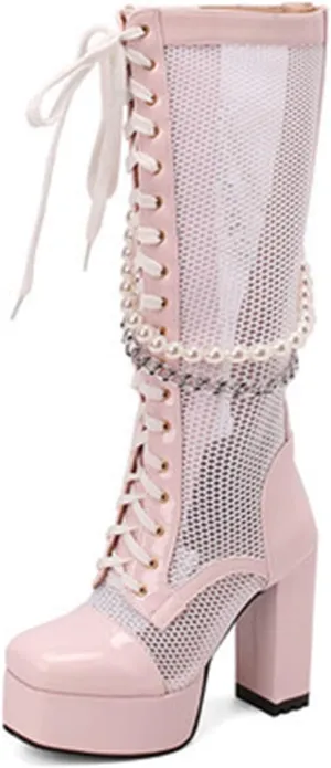 bbruriy Womens Mesh Platform Chunky Heel Knee High Boots Lace Up Back Zipper Square Toe Mid Claf Boots Decorate with Pearls and Chains Fashion Wedding Dress Shoes