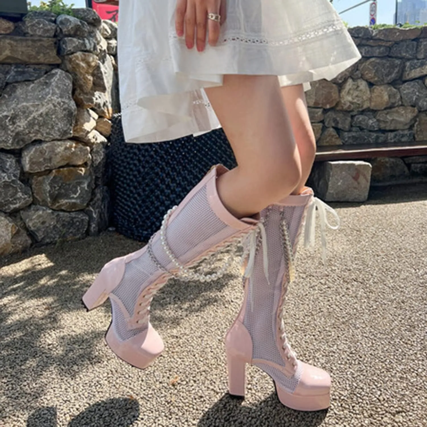 bbruriy Womens Mesh Platform Chunky Heel Knee High Boots Lace Up Back Zipper Square Toe Mid Claf Boots Decorate with Pearls and Chains Fashion Wedding Dress Shoes