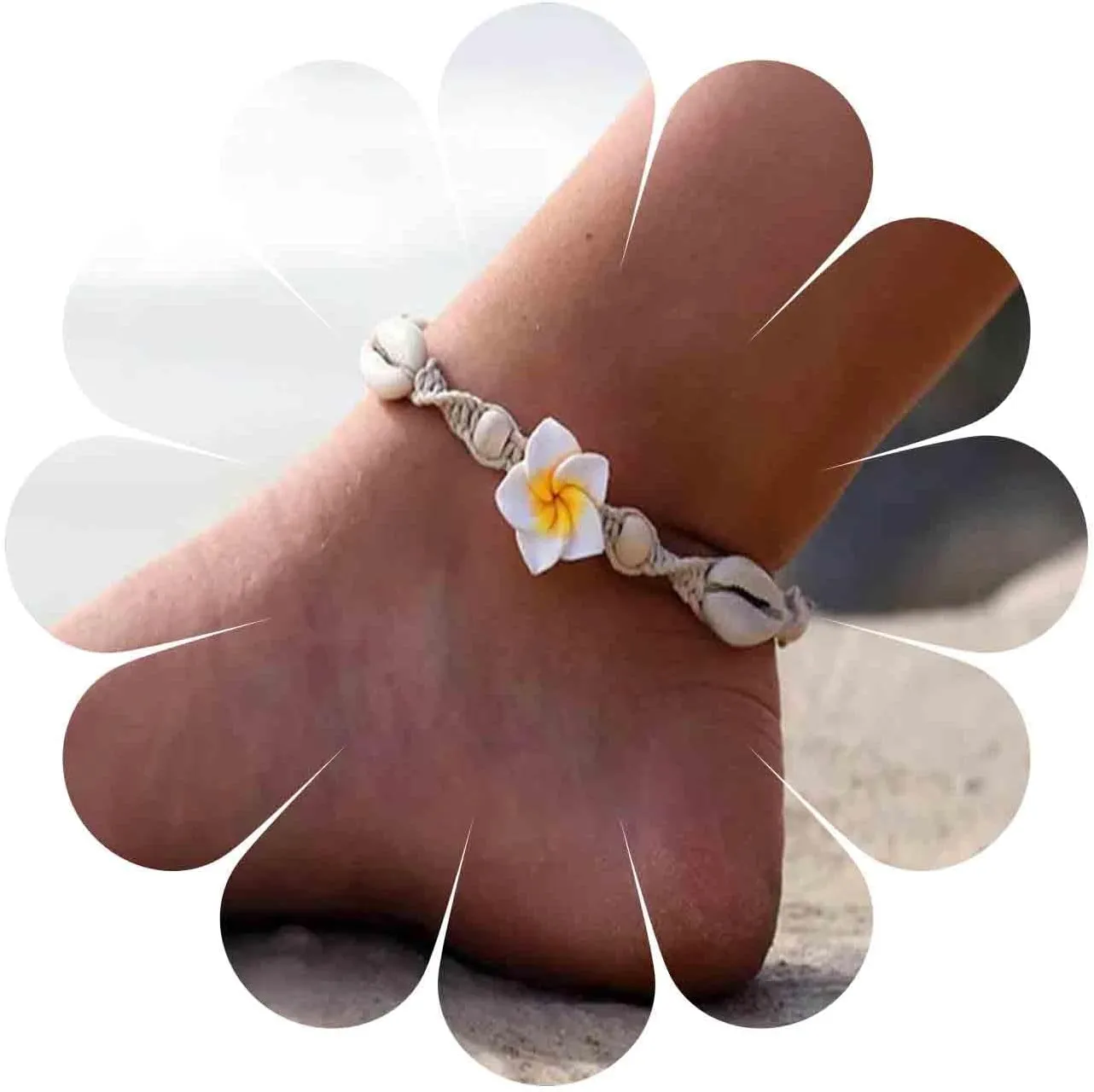 Bohemia Beach Braided Anklet Natural Cowrie Shell Anklet Bracelets Summer Vacation Flower Anklet Chain Hawaiian Shell Beaded Anklet Bracelet Shell Woven Rope Foot Chain Jewelry for Women