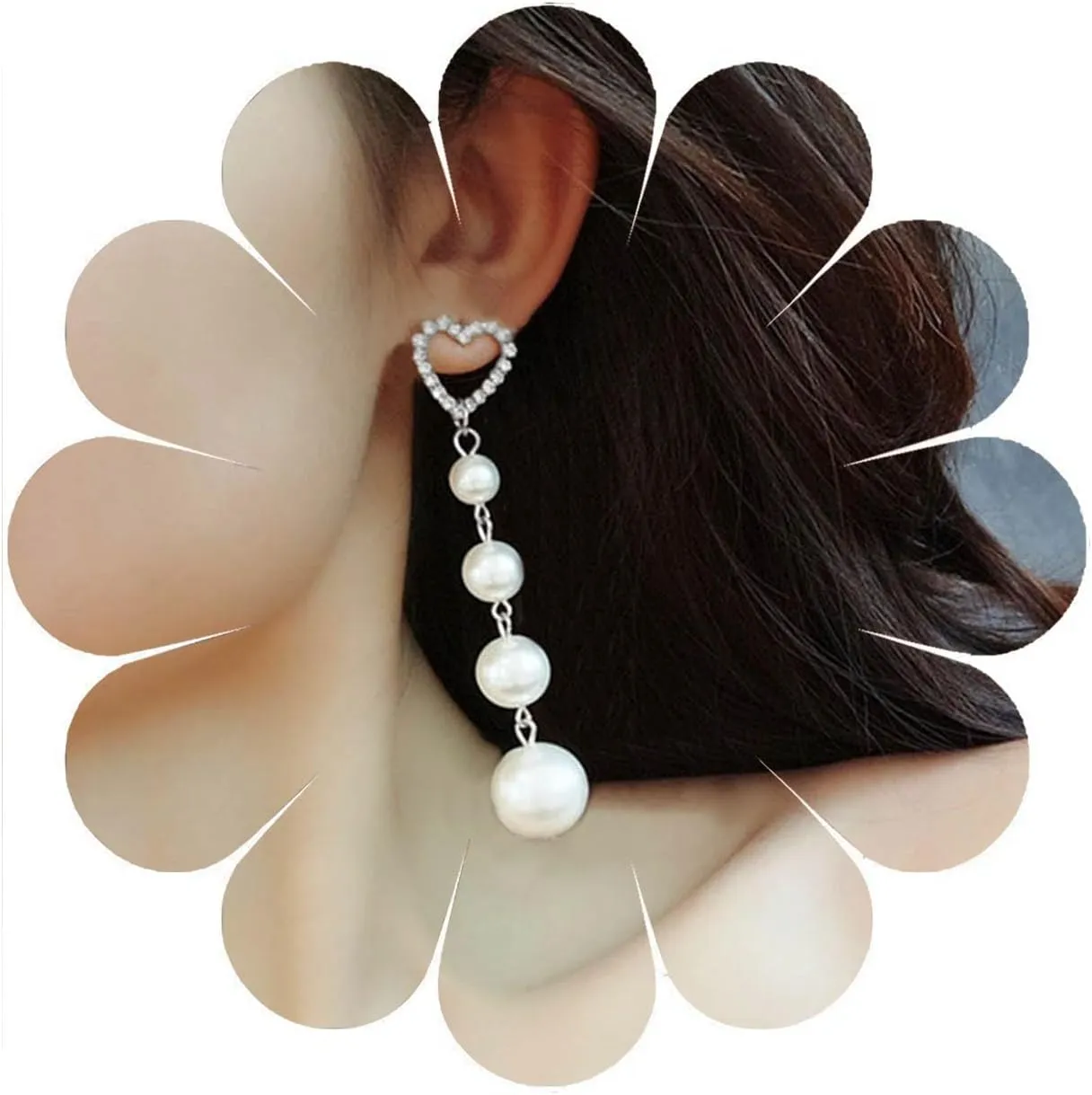 Bohemian Pearl Drop Earrings Long Pearl Dangle Earrings Pearl Tassel Earrings Crystal Heart Earrings Gold Pearl Bead Chain Earrings Wedding Dangle Earrings Jewelry for Women and Teen