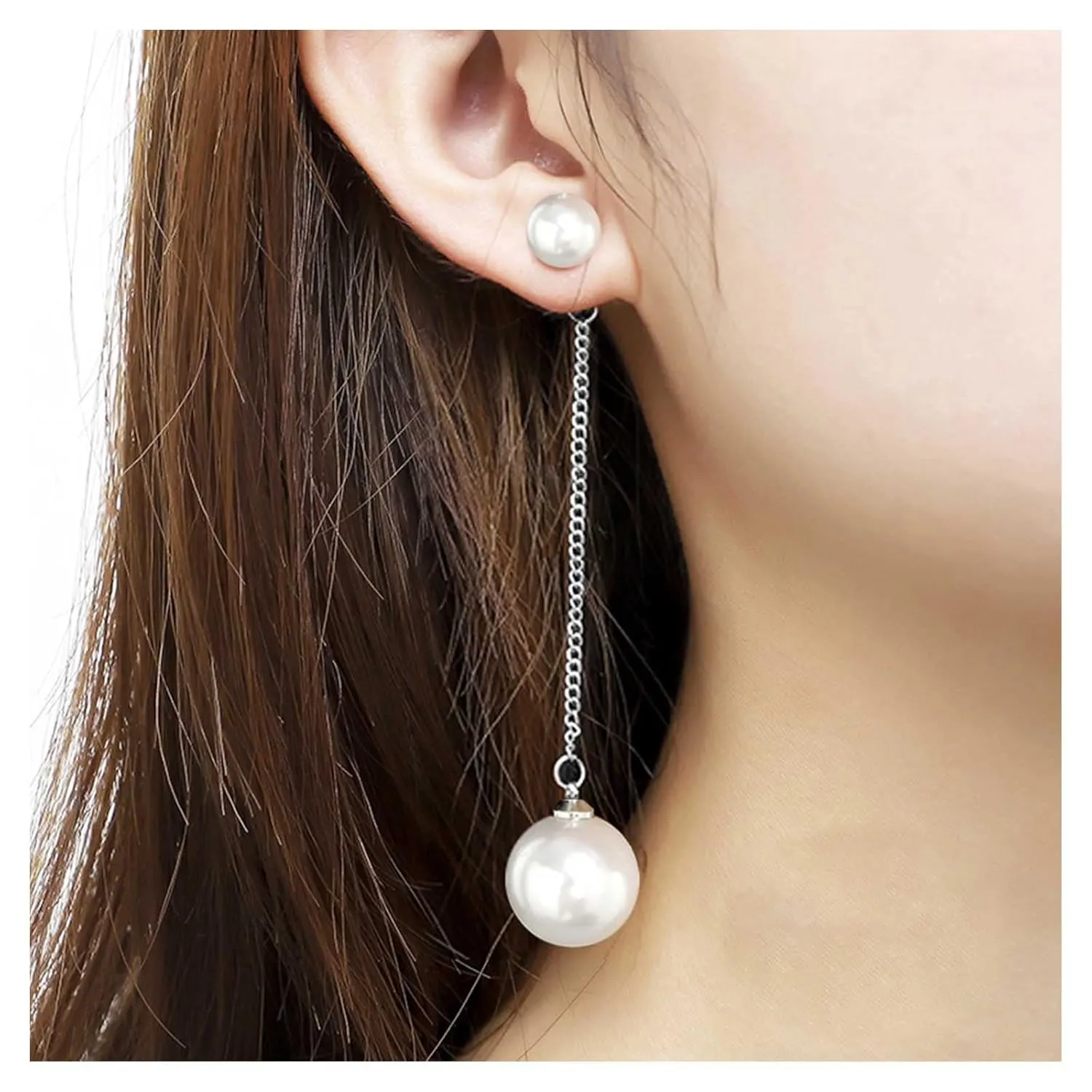 Bohemian Pearl Jacket Earrings Pearl Dangle Earrings Pearl Studs Earrings Silver Pearl Tassel Chain Earrings Long Chain Drop Earrings Jewelry for Women and Girls