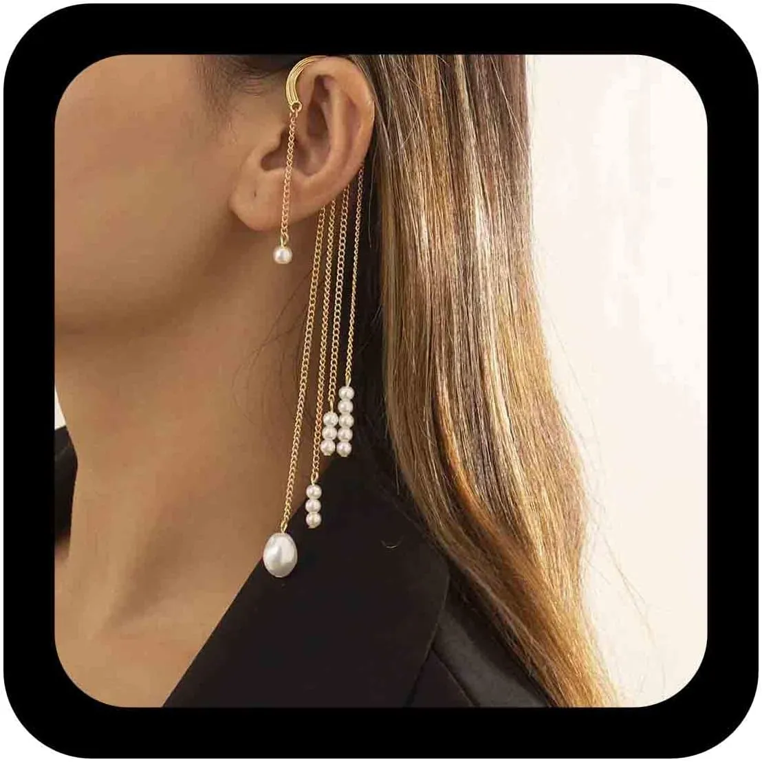 Bohemian Tassel Pearl Cuff Earrings Vintage Pearl Crawler Earrings Gold Floating Pearl Dangle Earrings Long Tassel Chain Earrings No Piercing Ear Wrap Cartilage Clip Earrings Jewelry for
