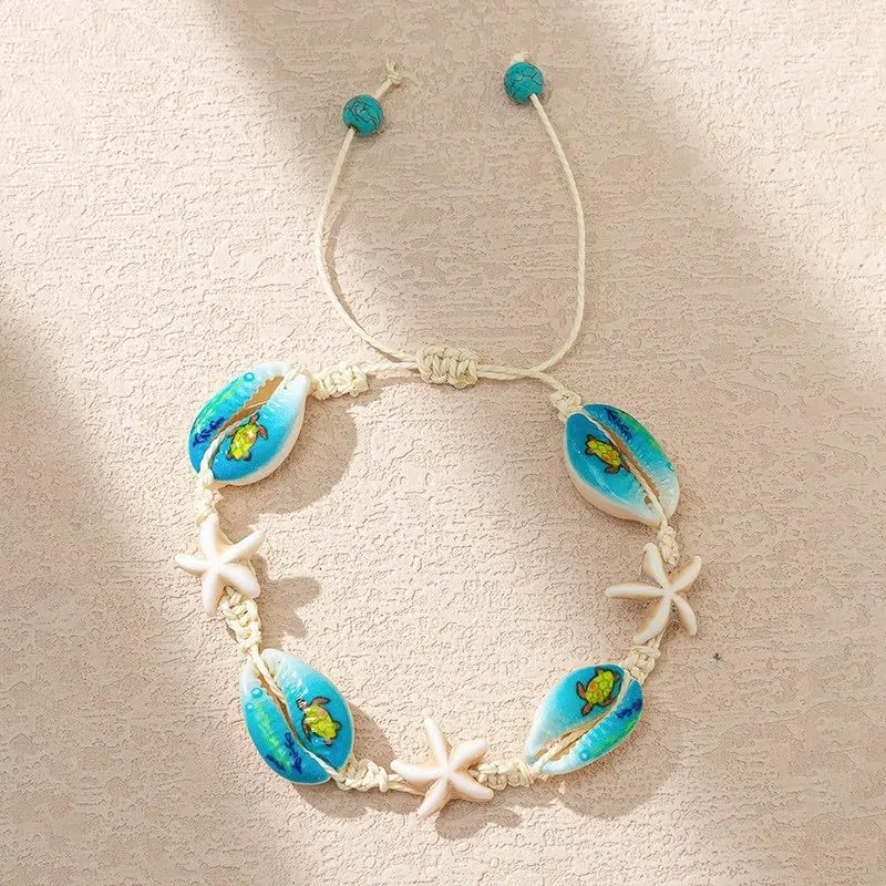 Boho Sea Turtle Starfish Shell Beach Ankle Bracelet Adjustable Summer Ocean Pearl Heart Sunflower Rice Bead Bracelet Jewelry for Women