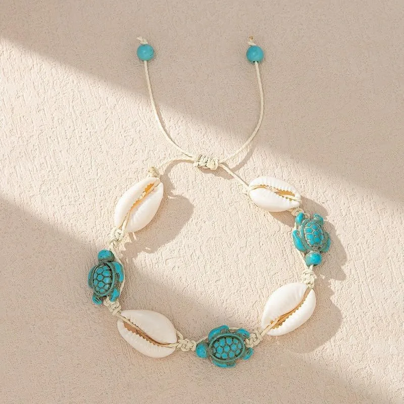 Boho Sea Turtle Starfish Shell Beach Ankle Bracelet Adjustable Summer Ocean Pearl Heart Sunflower Rice Bead Bracelet Jewelry for Women
