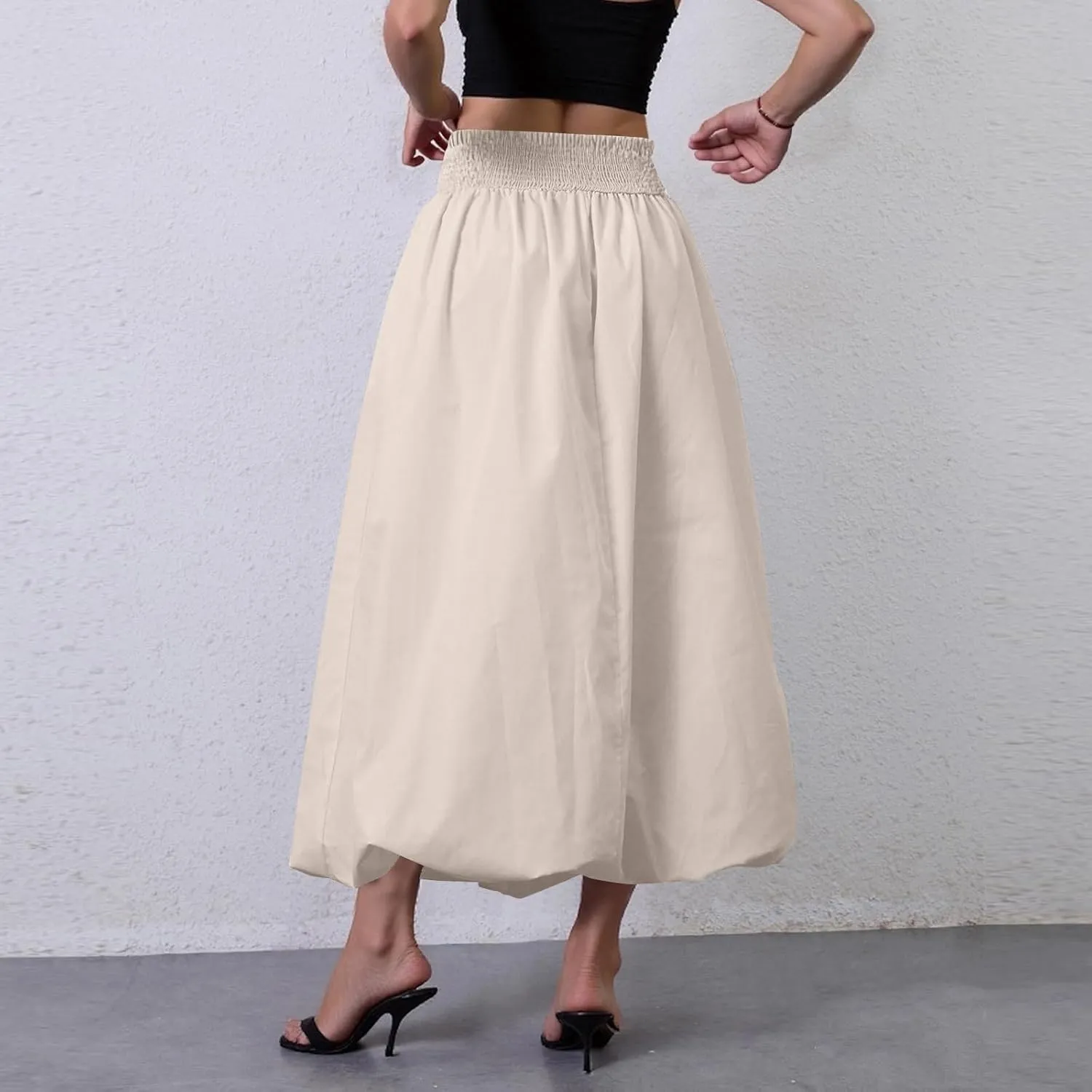 Bubble Maxi Skirts for Women 2025 Y2k Elastic Waist A Line Long Pleated Skirt Casual Summer Flowy Skirt with Pockets
