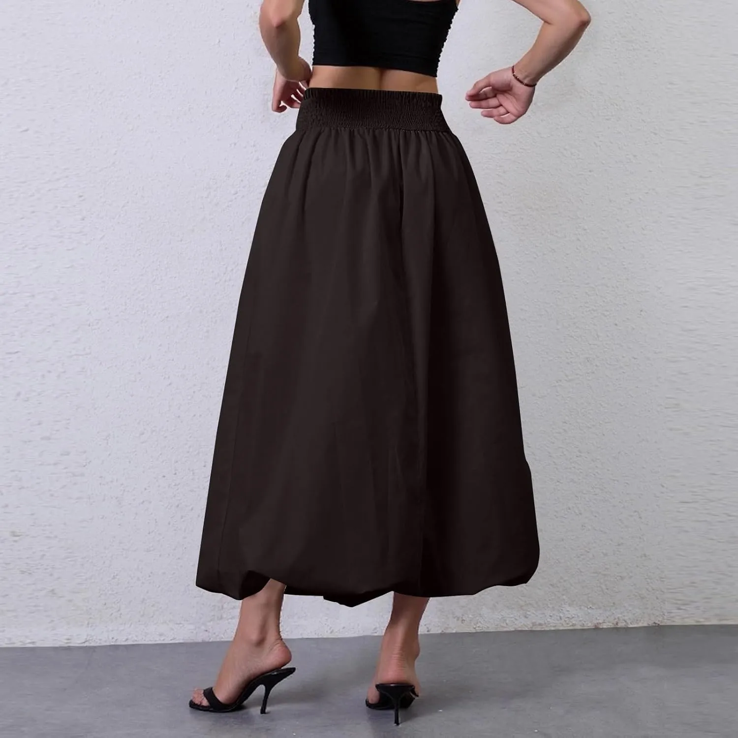 Bubble Maxi Skirts for Women 2025 Y2k Elastic Waist A Line Long Pleated Skirt Casual Summer Flowy Skirt with Pockets