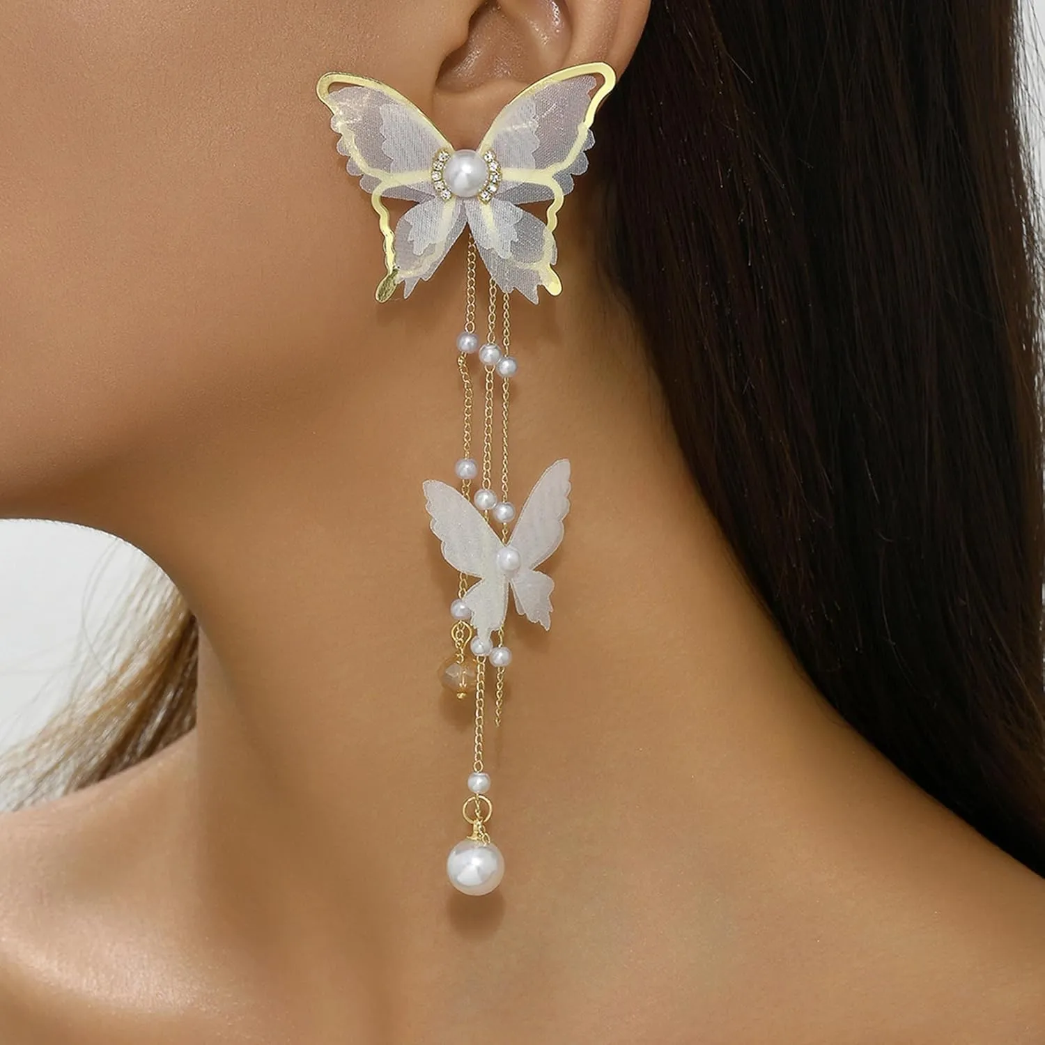 Butterfly Earrings for Women White Black Butterfly Tassel Earrings Long Butterfly Statement Earrings Lace Butterfly Pearl Drop Dangle Earrings Jewelry for Singer Fans Concert Outfits