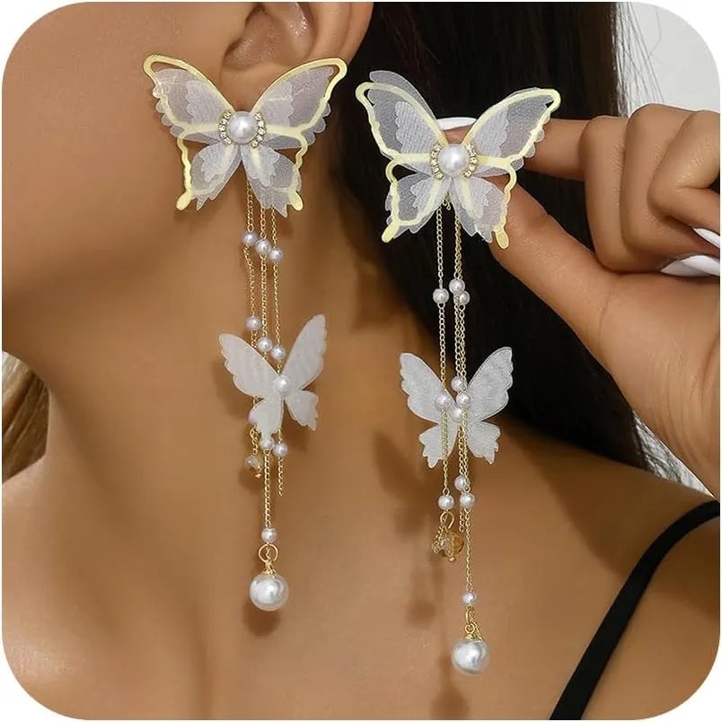 Butterfly Earrings for Women White Black Butterfly Tassel Earrings Long Butterfly Statement Earrings Lace Butterfly Pearl Drop Dangle Earrings Jewelry for Singer Fans Concert Outfits