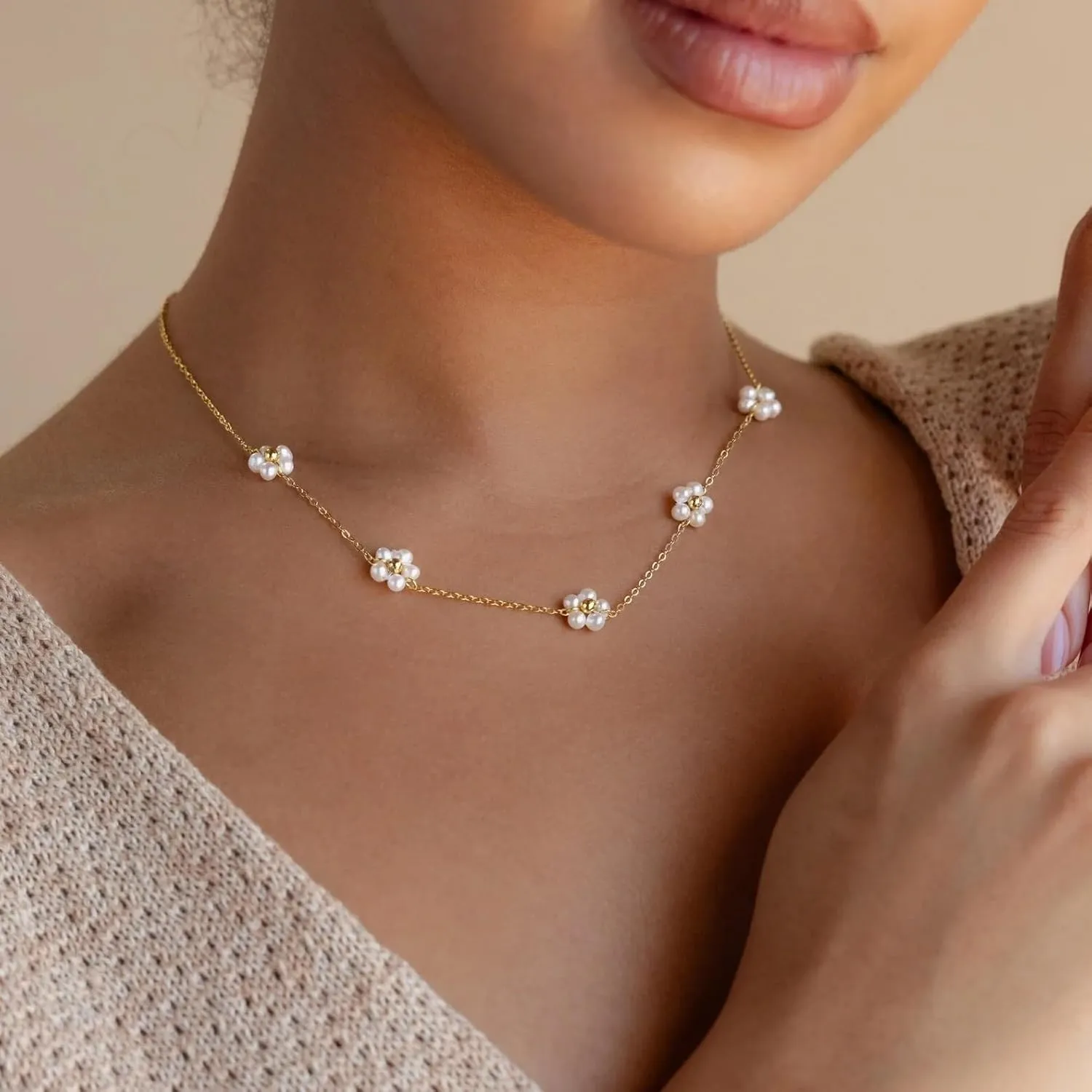 CAITLYNMINIMALIST 18K Gold Sterling Silver Freshwater Pearl Bead Drop Station Adjustable Necklace for Women Gift for Her