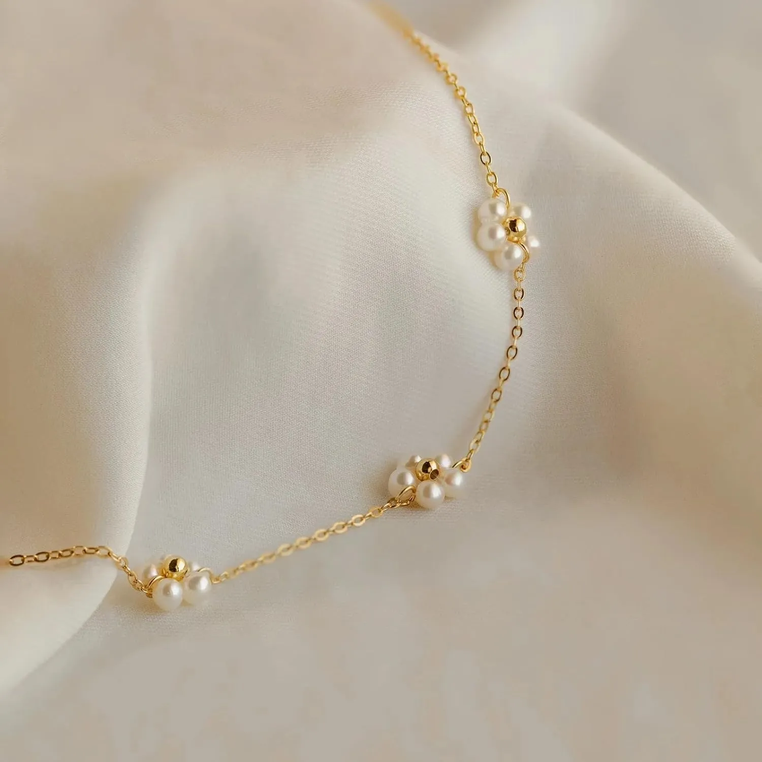 CAITLYNMINIMALIST 18K Gold Sterling Silver Freshwater Pearl Bead Drop Station Adjustable Necklace for Women Gift for Her