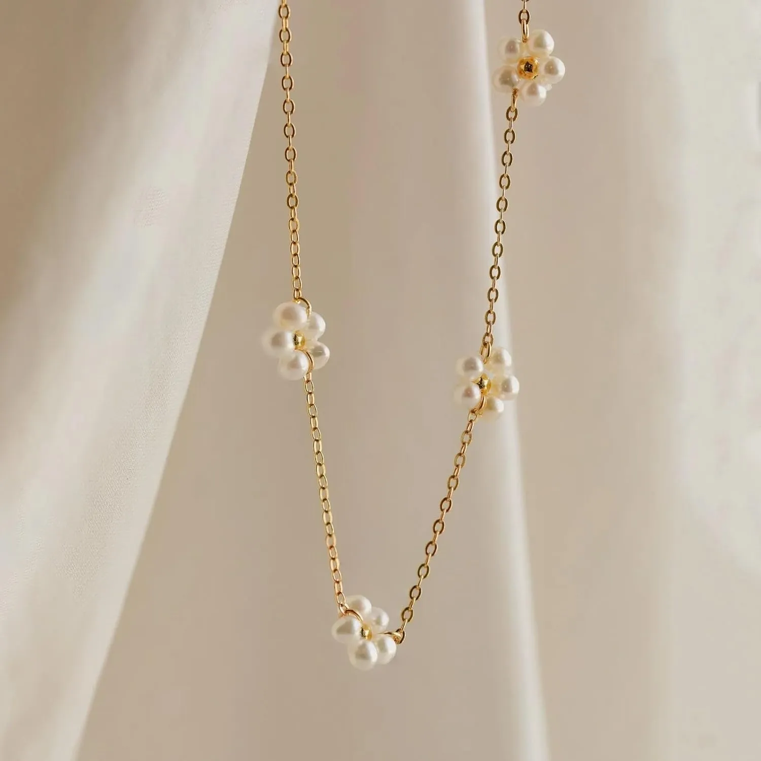 CAITLYNMINIMALIST 18K Gold Sterling Silver Freshwater Pearl Bead Drop Station Adjustable Necklace for Women Gift for Her