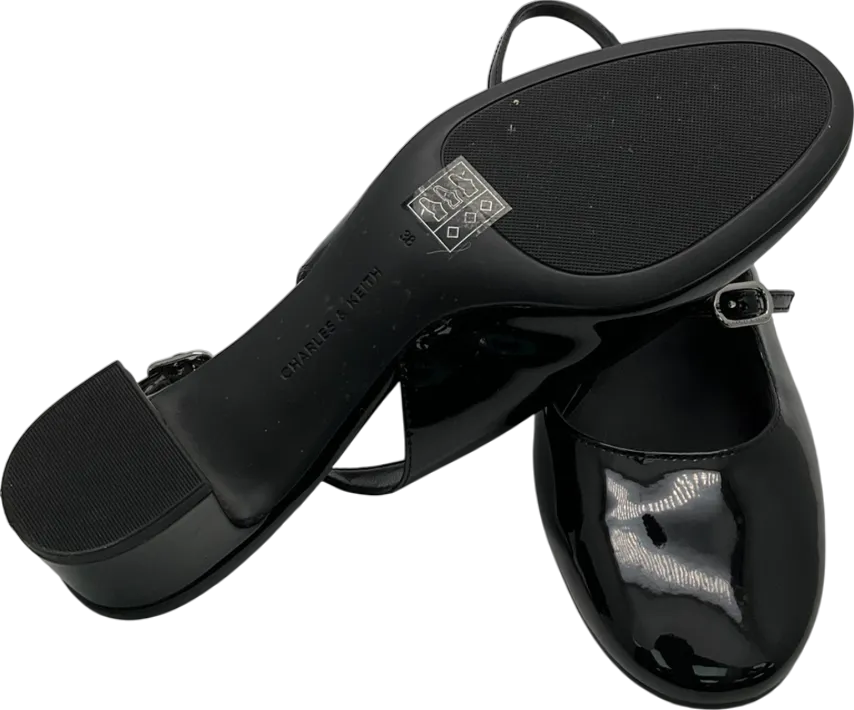 Charles & Keith Black Patent Double Buckle Sling Back Kitten Heels UK 5 EU 38 