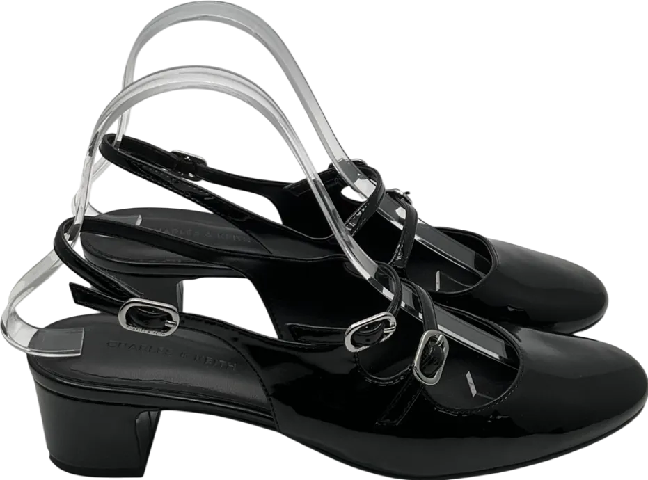 Charles & Keith Black Patent Double Buckle Sling Back Kitten Heels UK 5 EU 38 