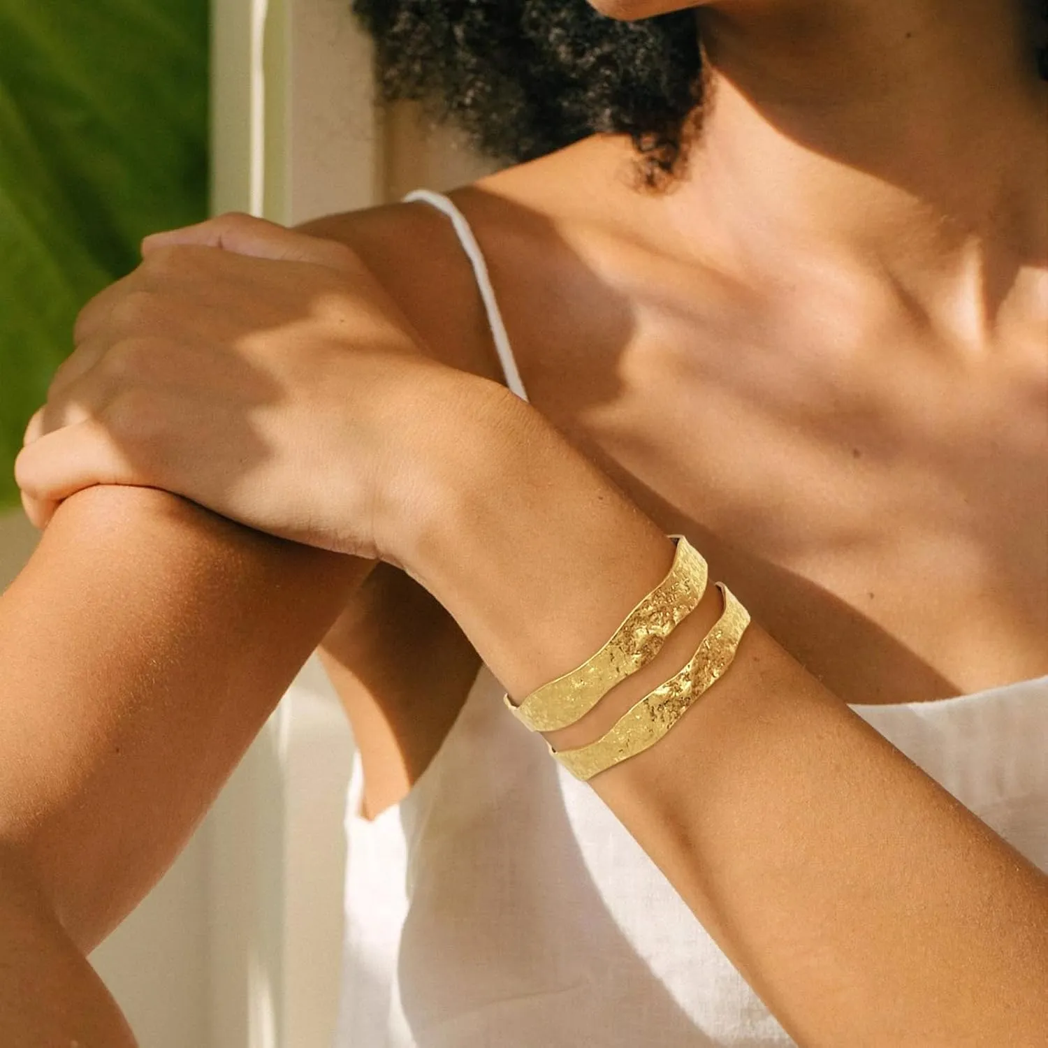 Chunky 14k Gold Cuff Bracelets for Women - Non Tarnish Teardrop Bangle Multi-layer Cross Wire Open Bracelets