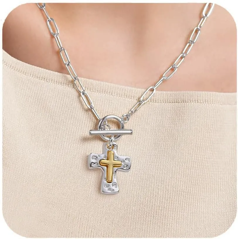 Chunky Hammered Cross Necklace for Women Men - Mixed Metal Religious Christian Statement Cross Pendant Jewelry Gift for Her