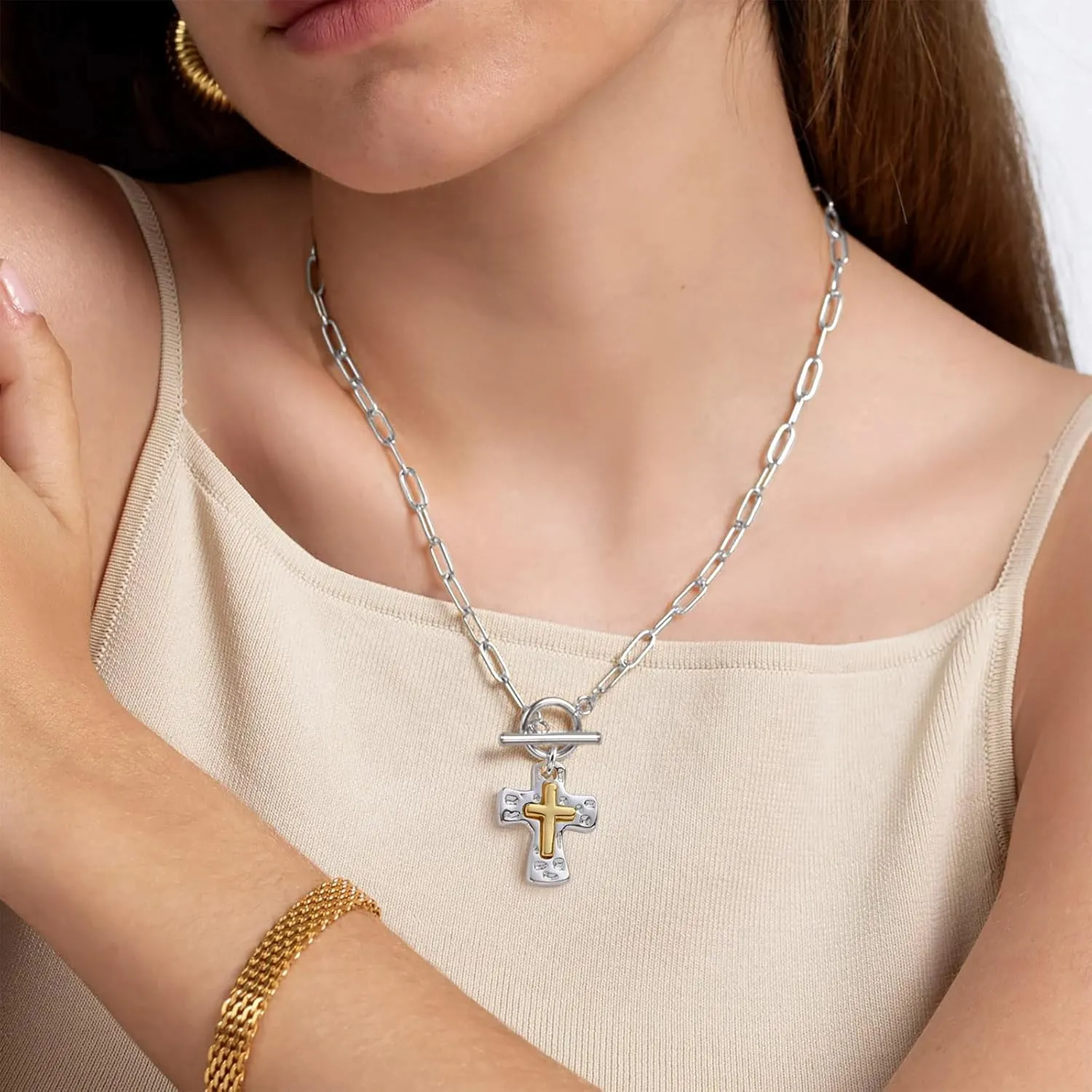 Chunky Hammered Cross Necklace for Women Men - Mixed Metal Religious Christian Statement Cross Pendant Jewelry Gift for Her