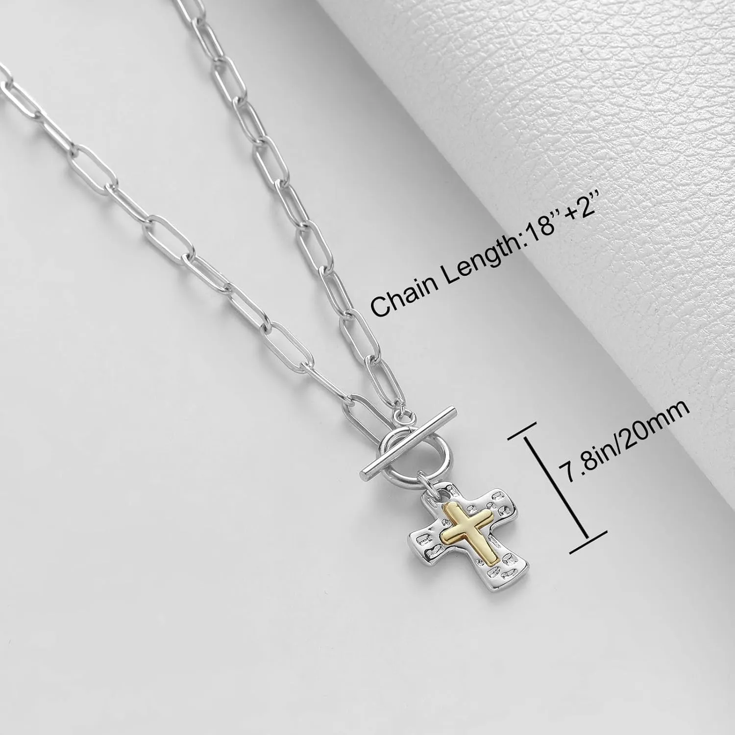 Chunky Hammered Cross Necklace for Women Men - Mixed Metal Religious Christian Statement Cross Pendant Jewelry Gift for Her