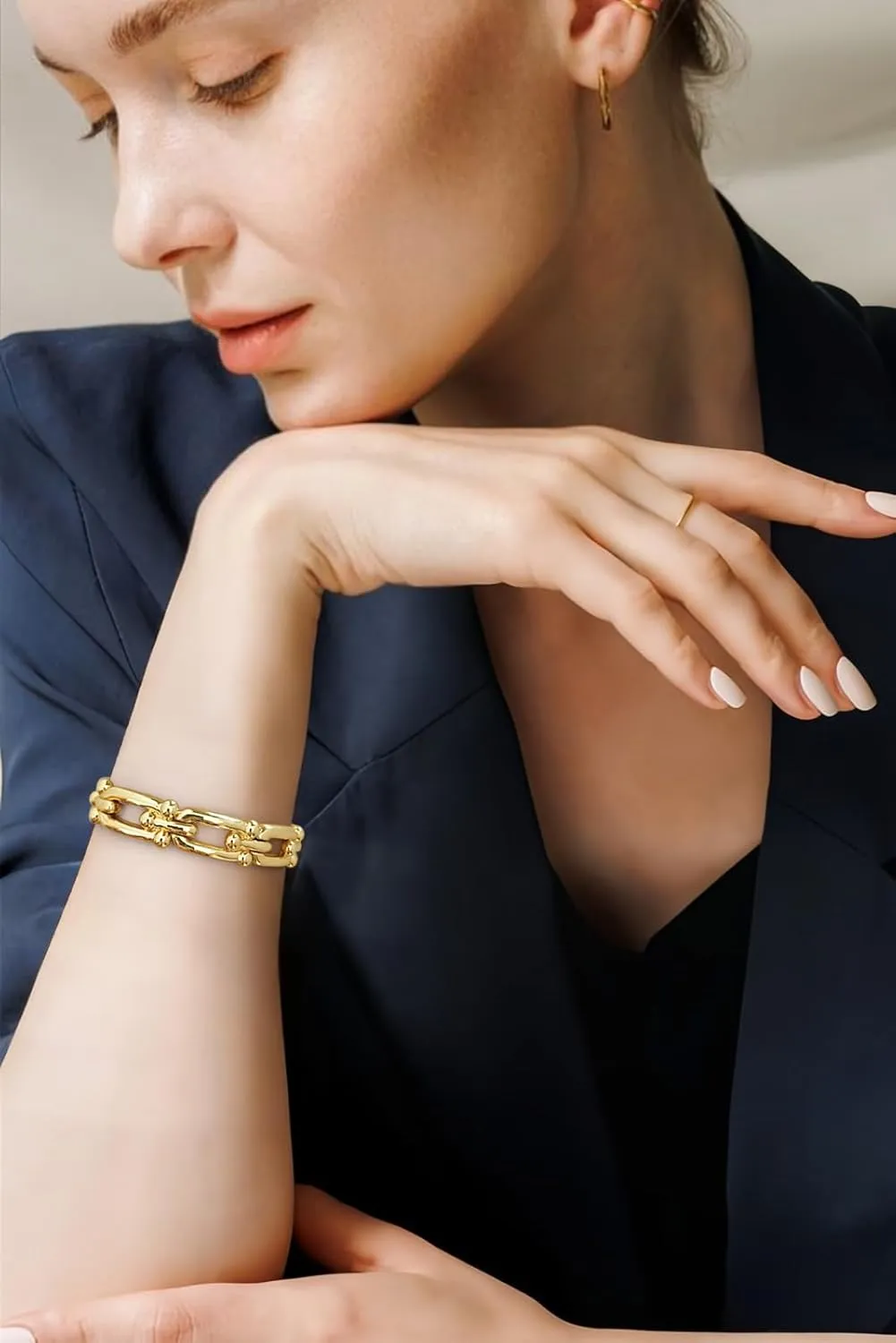 Chunky Stretch Bangles Bracelets for Women Trendy Wide Elastic Gold Bracelet Flexible Link Chain Bracelets