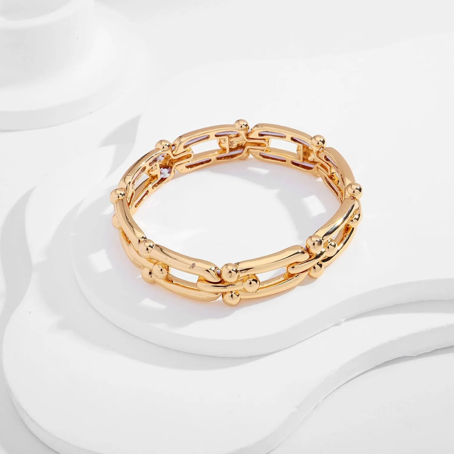 Chunky Stretch Bangles Bracelets for Women Trendy Wide Elastic Gold Bracelet Flexible Link Chain Bracelets