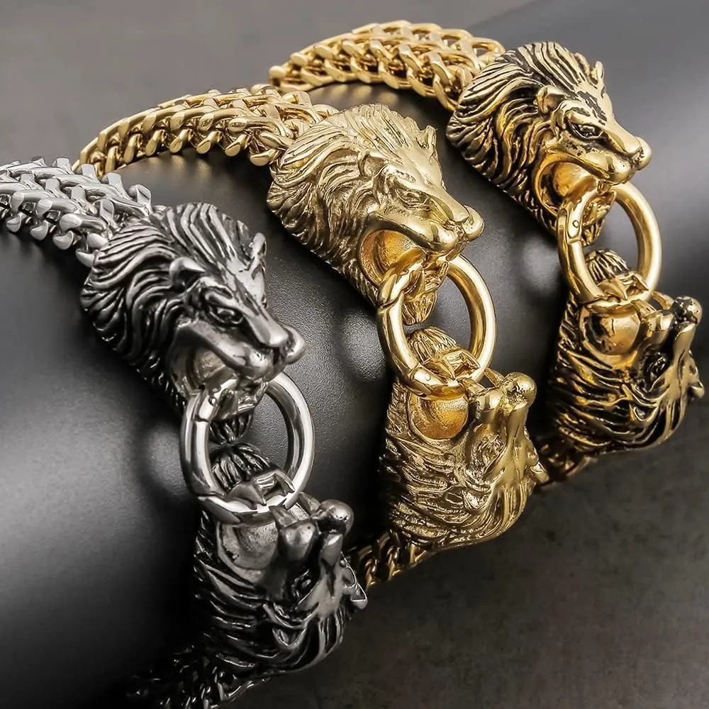 Cool Lion Head Bracelet Men Figaro Link Chain Mens Cuff Bracelets Heavy Solid Stainless Steel Male Jewelry Bangles chain 22.5cm (Silver Color)