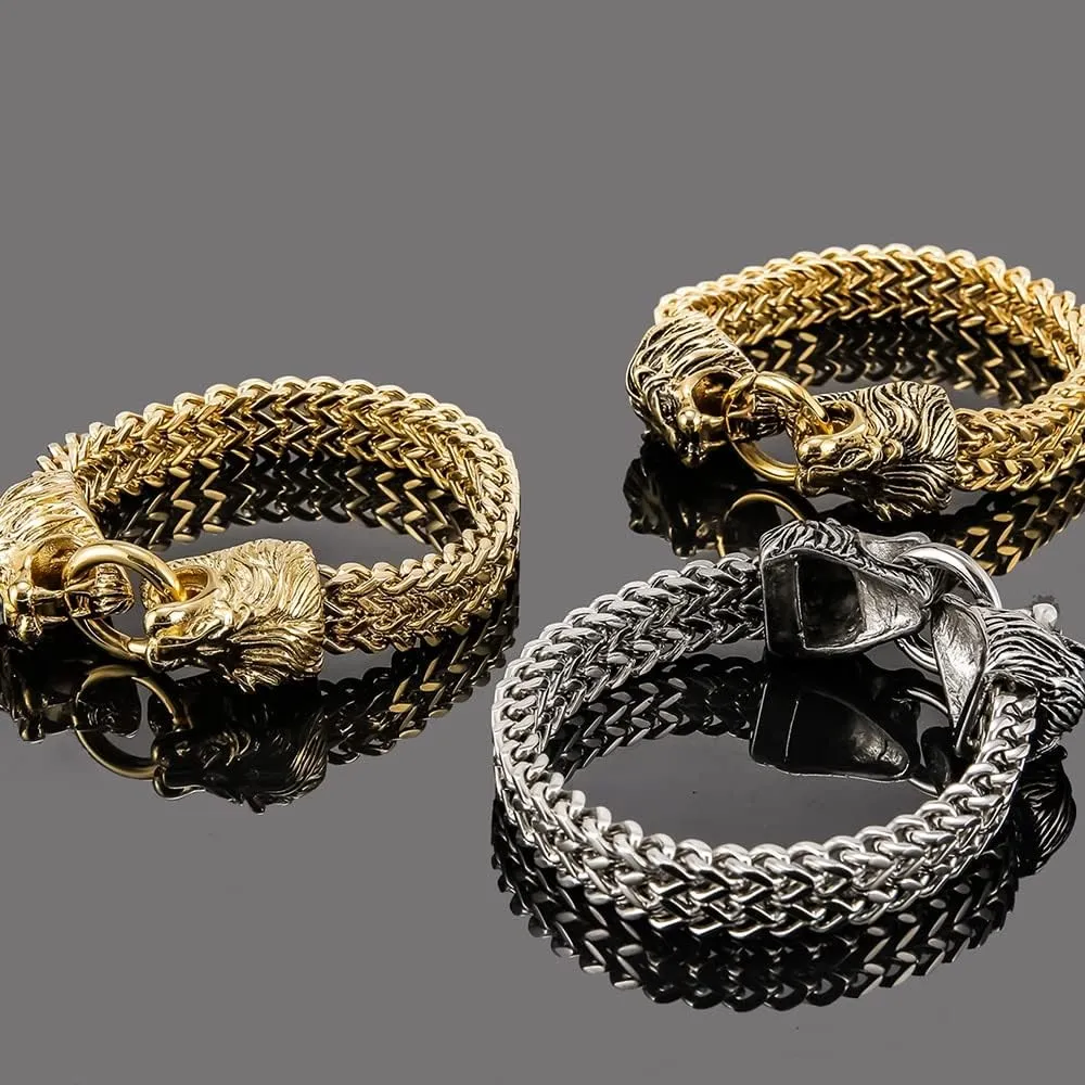 Cool Lion Head Bracelet Men Figaro Link Chain Mens Cuff Bracelets Heavy Solid Stainless Steel Male Jewelry Bangles chain 22.5cm (Silver Color)