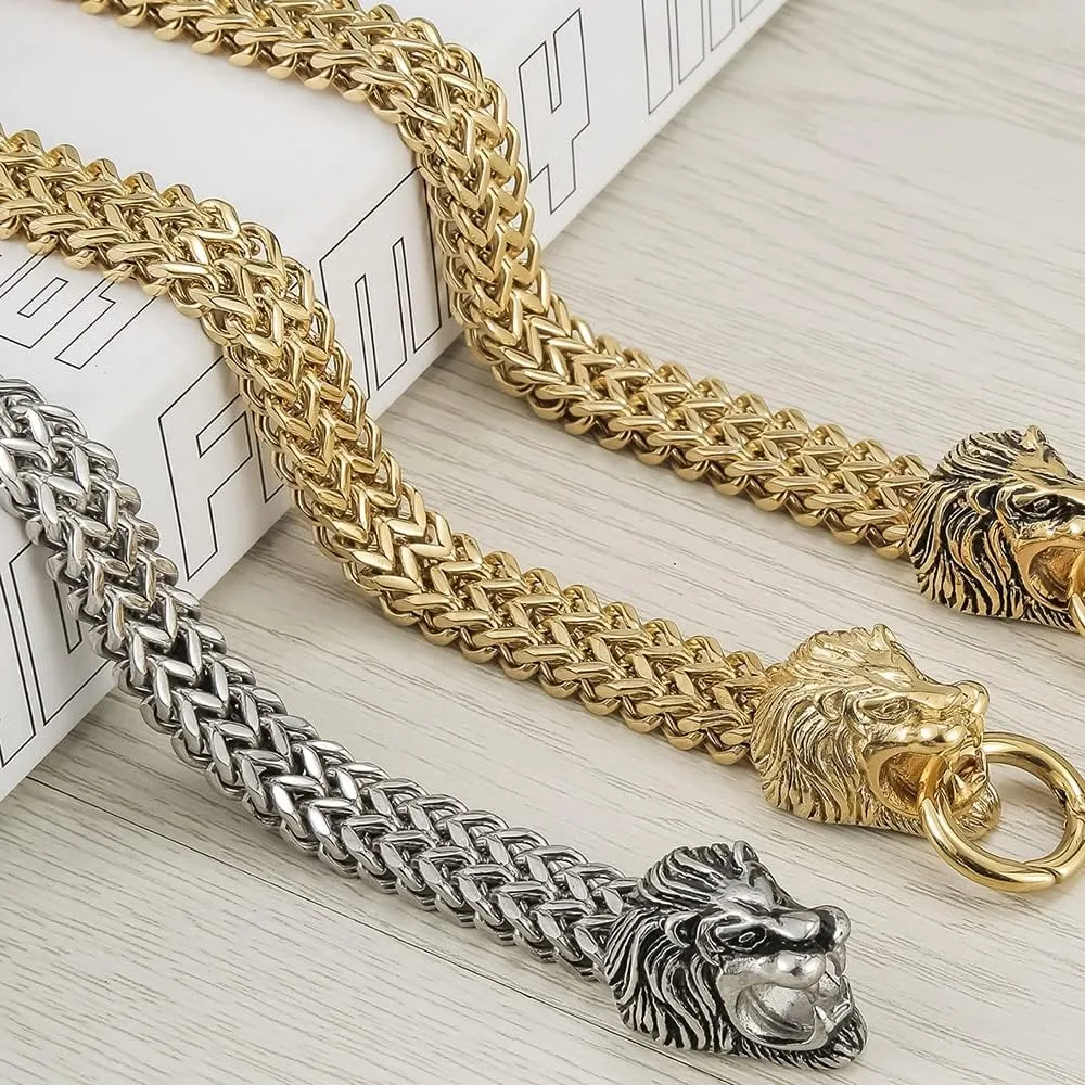 Cool Lion Head Bracelet Men Figaro Link Chain Mens Cuff Bracelets Heavy Solid Stainless Steel Male Jewelry Bangles chain 22.5cm (Silver Color)