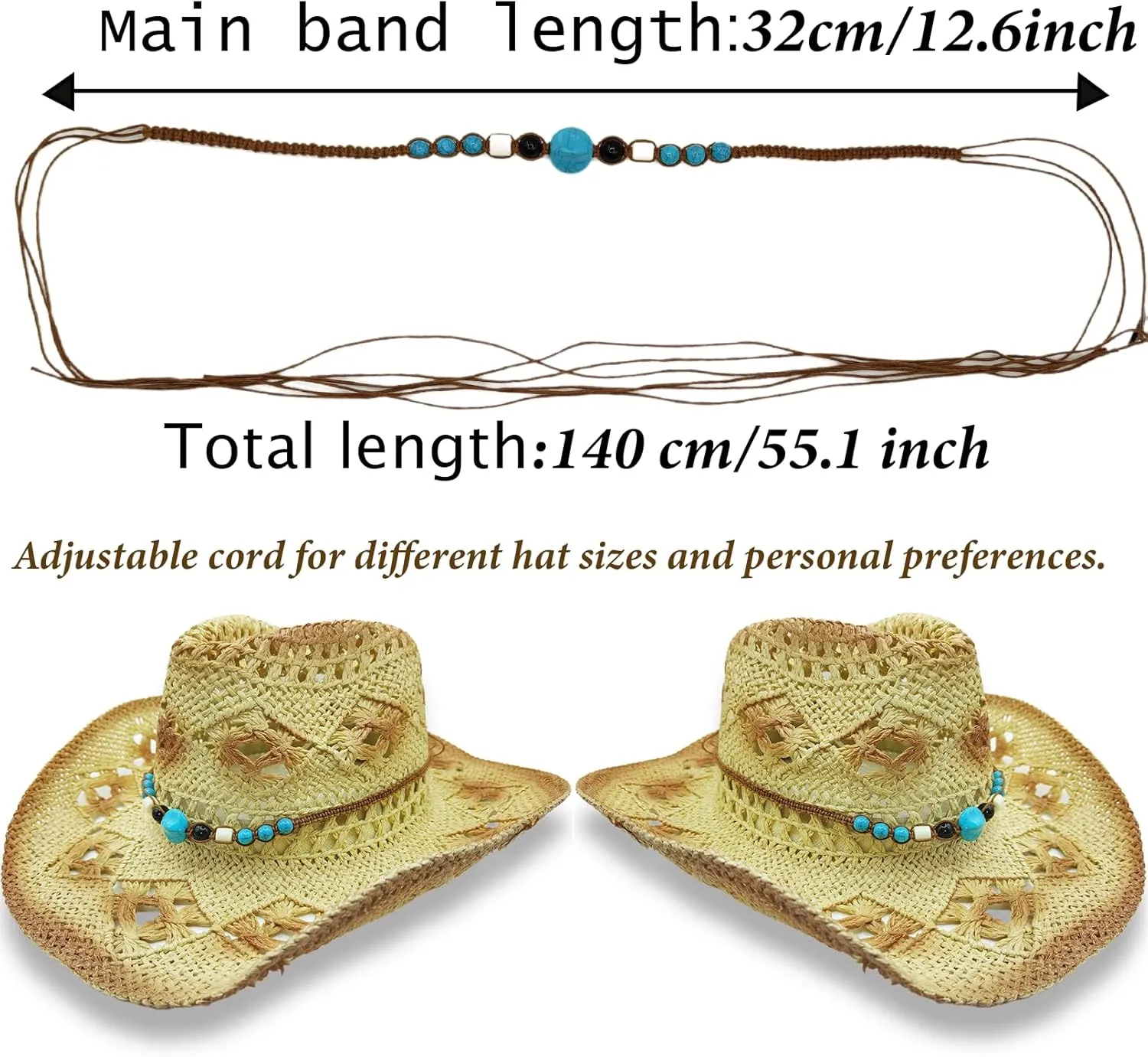 Cowboy Hat Band for Women Men, Beaded Hat Band for Straw Hat Fedora Leather Turquoise Replaceable Hat Band