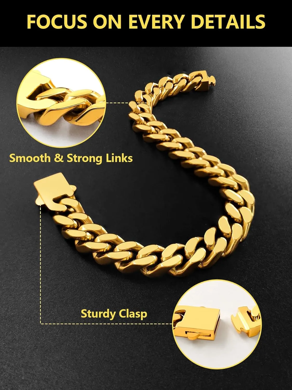 Cuban Link Chain Bracelet for Men, 5/7/9/13mm Width, 7.5/8.3/9 Inch Length,18K Gold/Black Plated/Stainless Steel Curb Wrist Chain for Men