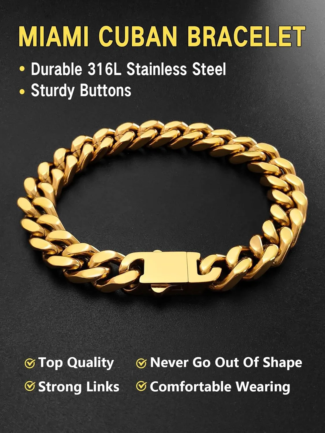 Cuban Link Chain Bracelet for Men, 5/7/9/13mm Width, 7.5/8.3/9 Inch Length,18K Gold/Black Plated/Stainless Steel Curb Wrist Chain for Men