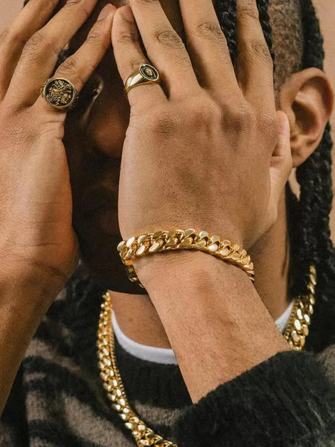 Cuban Link Chain Bracelet for Men, 5/7/9/13mm Width, 7.5/8.3/9 Inch Length,18K Gold/Black Plated/Stainless Steel Curb Wrist Chain for Men