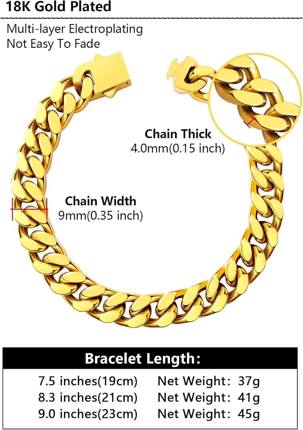 Cuban Link Chain Bracelet for Men, 5/7/9/13mm Width, 7.5/8.3/9 Inch Length,18K Gold/Black Plated/Stainless Steel Curb Wrist Chain for Men
