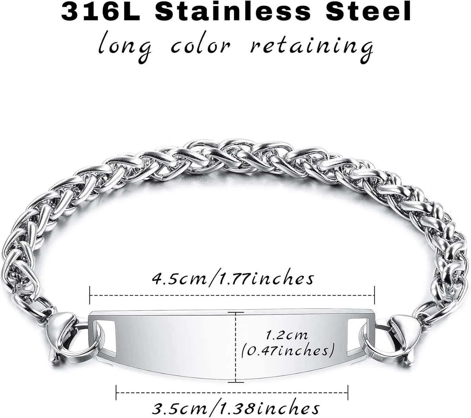 Custom ID Bracelets for Men/Women Stainless Steel Link Bracelet with Engraving Name/Date/Text Personalized Engraved Silver/Gold/Rosegold/Black Name Plate Bracelets with 6.5-8.7 Inches Chain