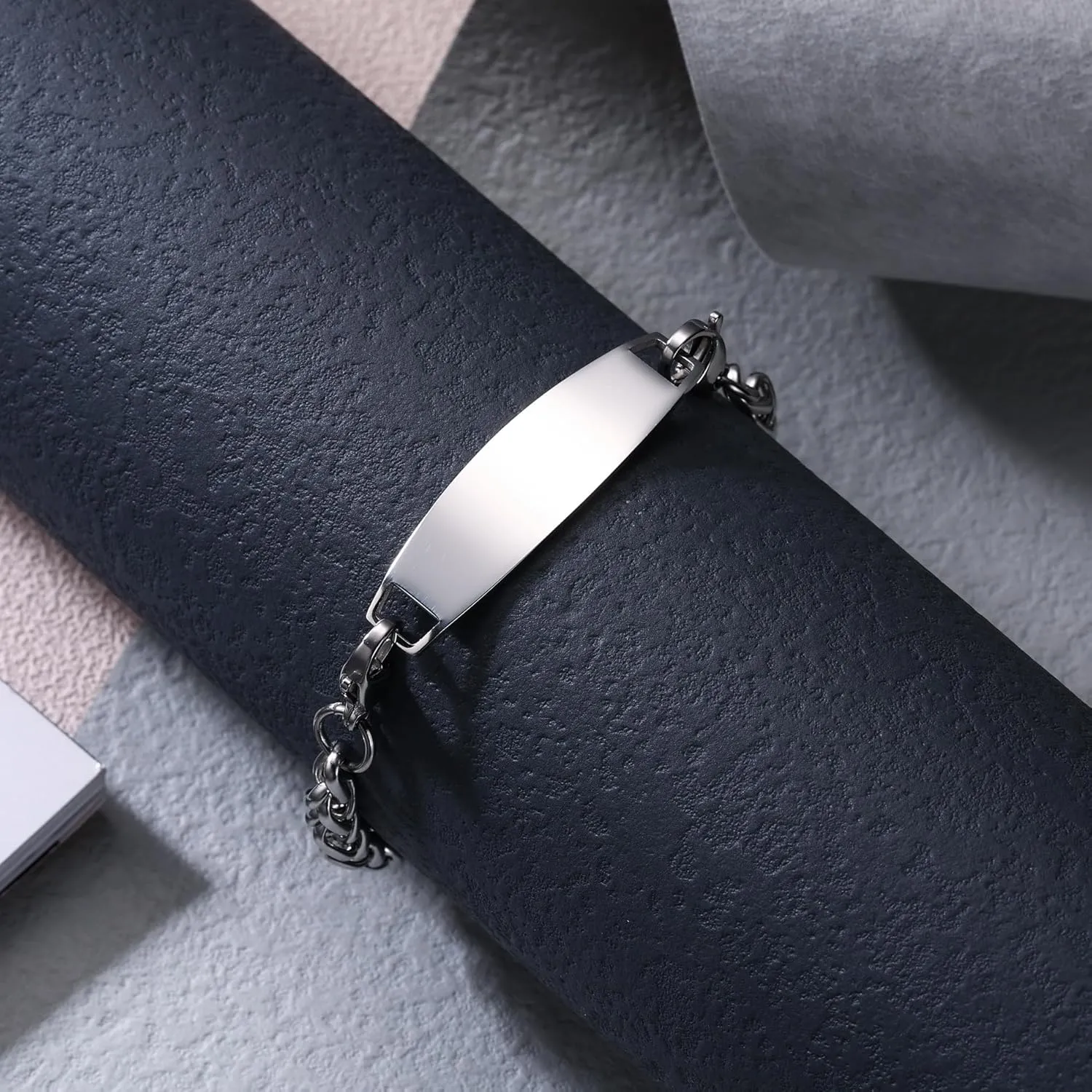 Custom ID Bracelets for Men/Women Stainless Steel Link Bracelet with Engraving Name/Date/Text Personalized Engraved Silver/Gold/Rosegold/Black Name Plate Bracelets with 6.5-8.7 Inches Chain