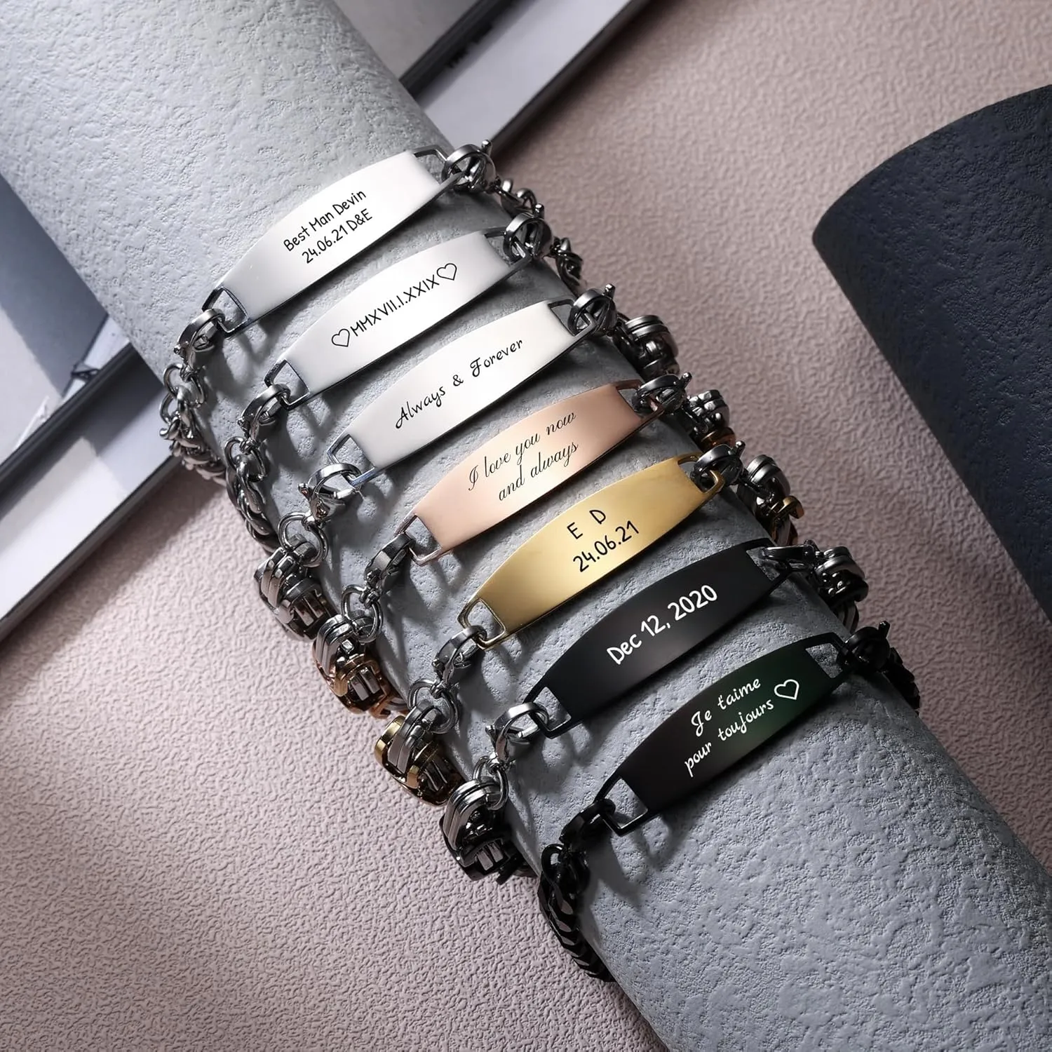 Custom ID Bracelets for Men/Women Stainless Steel Link Bracelet with Engraving Name/Date/Text Personalized Engraved Silver/Gold/Rosegold/Black Name Plate Bracelets with 6.5-8.7 Inches Chain
