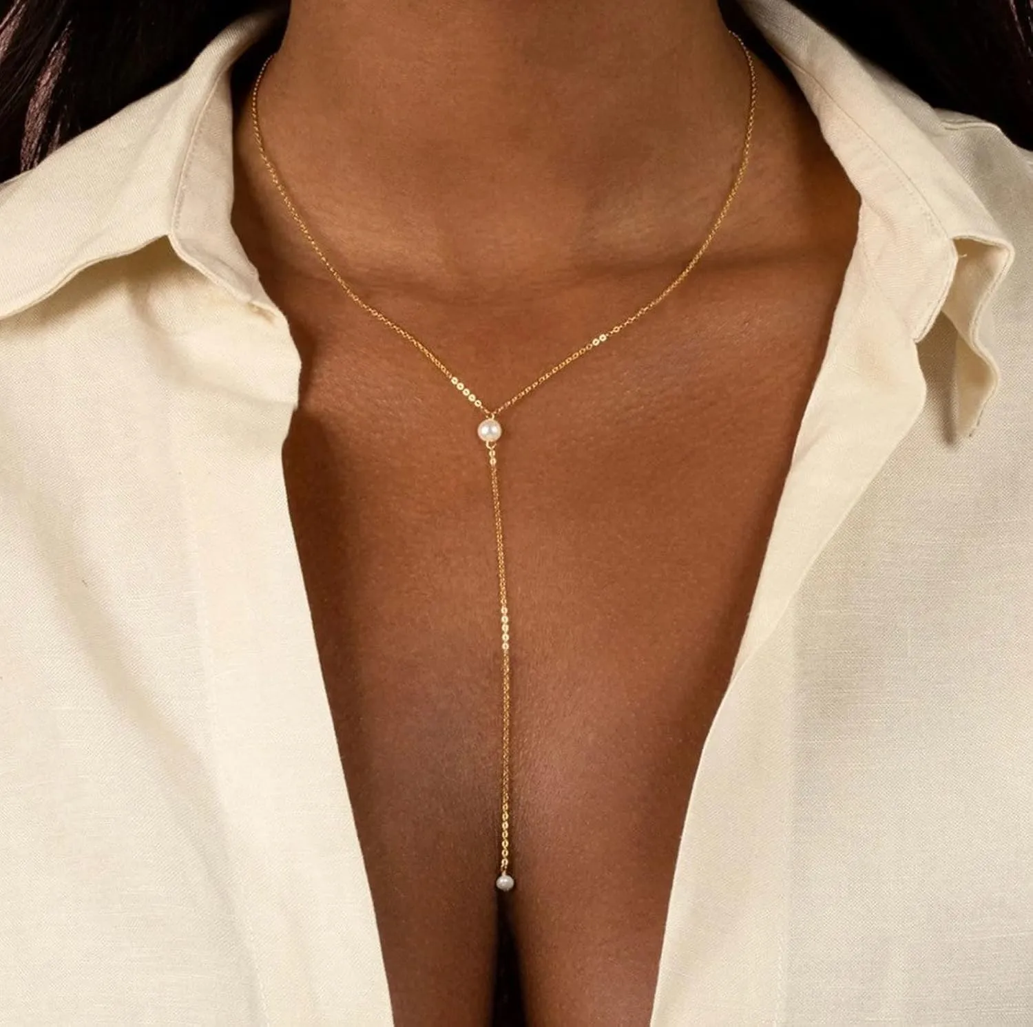 Dainty Gold Necklace for Women, Cute Long Necklace 14K Gold Plated CZ Lips Bead Y Shaped Lariat Necklace Simple Gold Choker Necklace Aesthetic Drop Necklace Trendy Gold Jewelry for Women