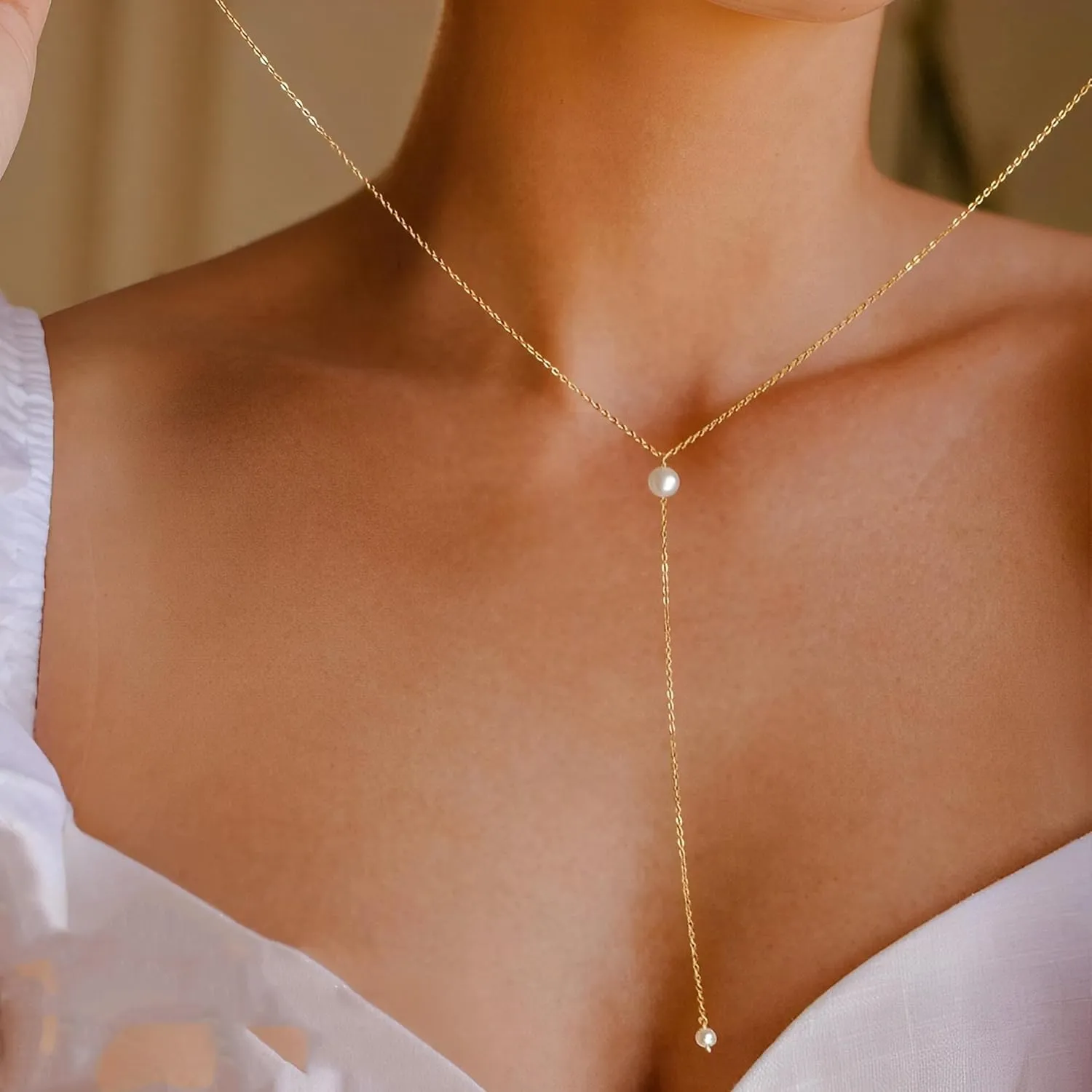 Dainty Gold Necklace for Women, Cute Long Necklace 14K Gold Plated CZ Lips Bead Y Shaped Lariat Necklace Simple Gold Choker Necklace Aesthetic Drop Necklace Trendy Gold Jewelry for Women