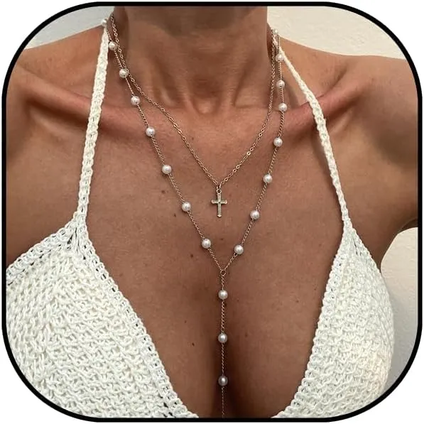 Dainty Lariat Necklace for Women Cross Drop Y-Shaped Necklace Long Pearl Necklaces Everyday Jewelry