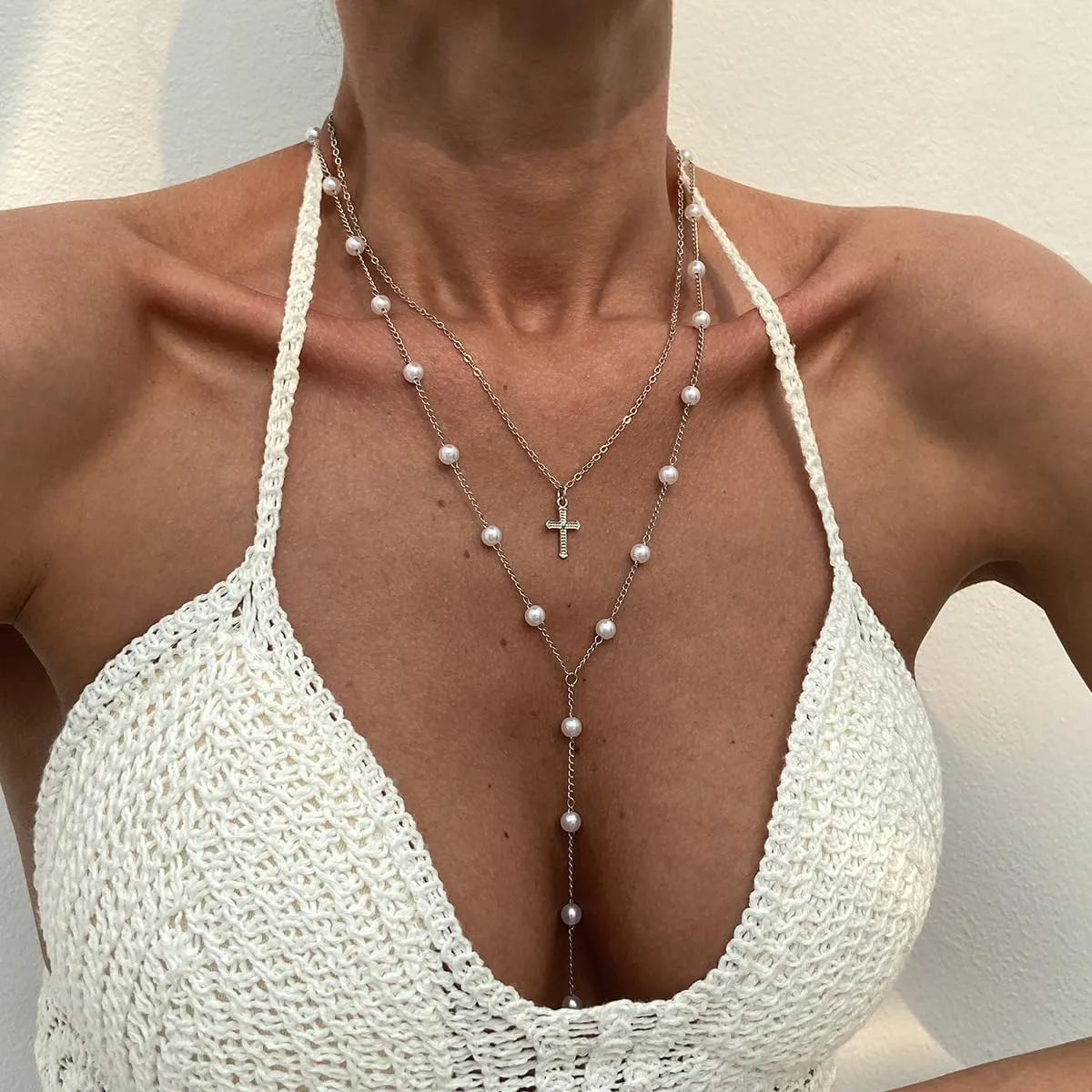 Dainty Lariat Necklace for Women Cross Drop Y-Shaped Necklace Long Pearl Necklaces Everyday Jewelry