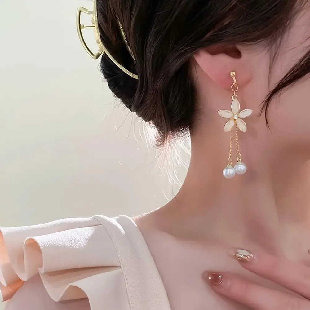 Dangle Flower Drop Earrings For Women Trendy Long Threader Chain Dainty Pearl Wedding Earrings For Brides CZ Cute 14K Gold Statement Jewelry