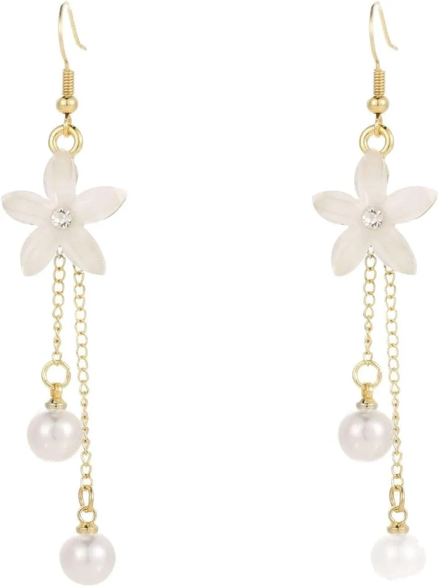 Dangle Flower Drop Earrings For Women Trendy Long Threader Chain Dainty Pearl Wedding Earrings For Brides CZ Cute 14K Gold Statement Jewelry