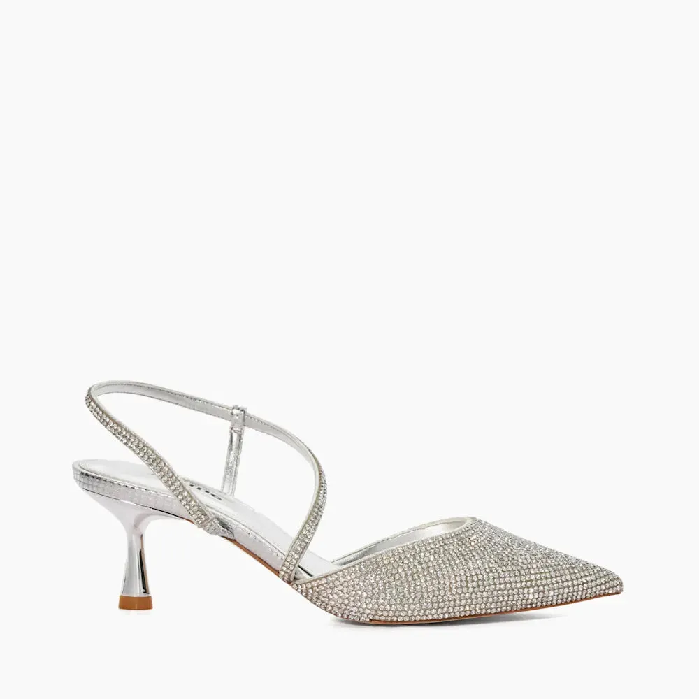 Dune Metallic Competitive - Silver Hotfix Kitten Heel Slingbacks UK 7 EU 40 