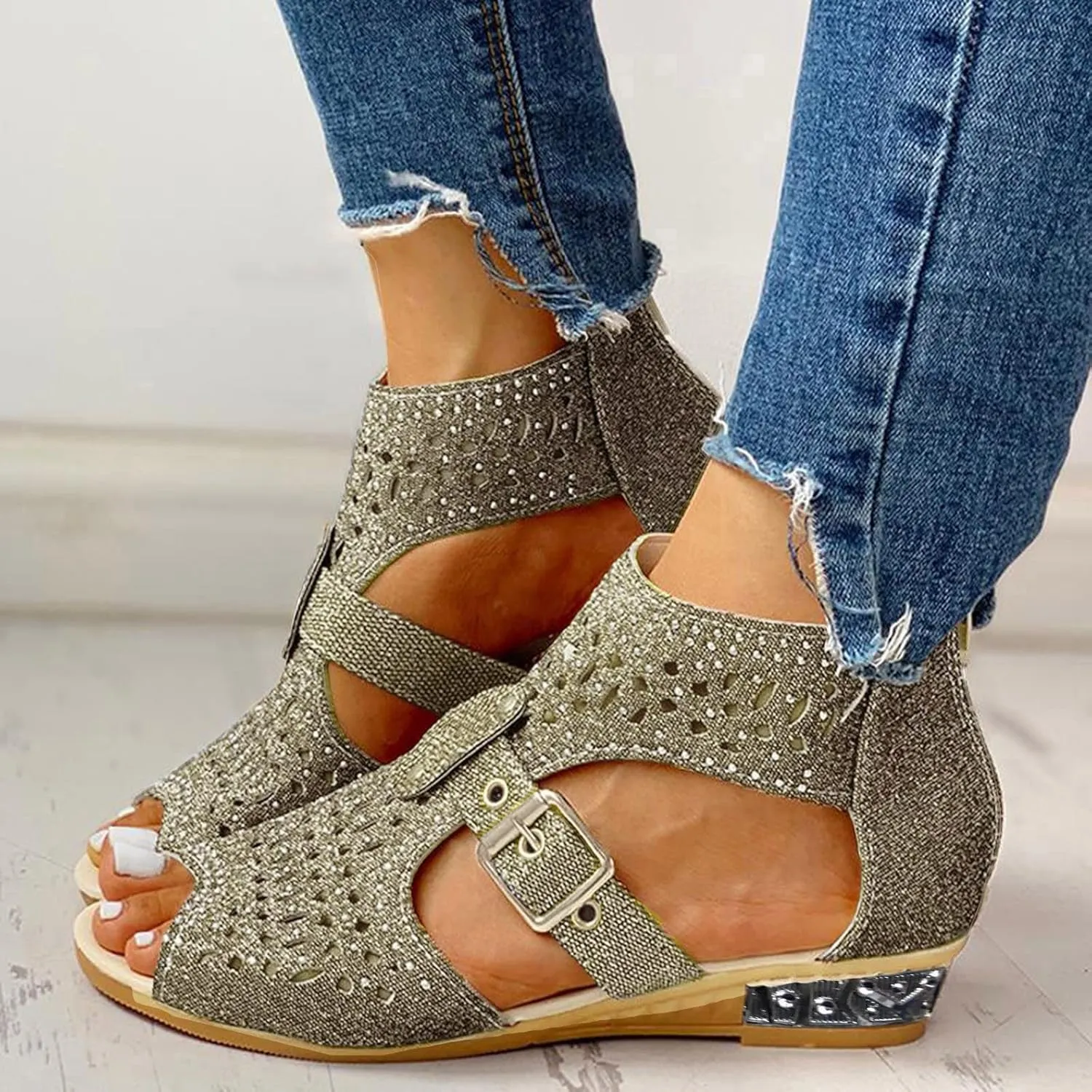 Eduavar Sandals for Women Casual Summer, Women Sandals Closed Toe Wedge Sandals Summer Casual Ankle Strap Buckle Sandals