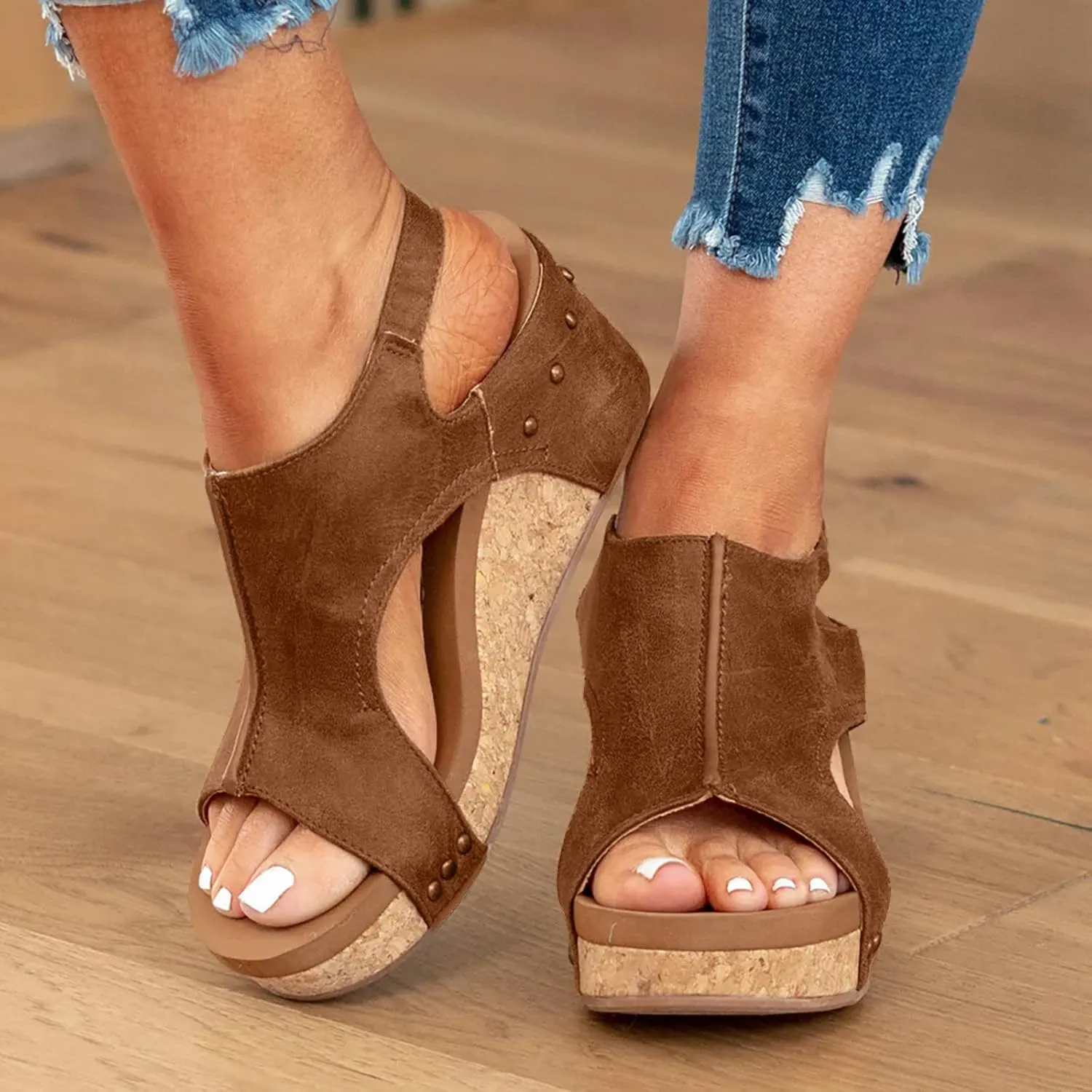 Eduavar Wedge Sandals for Women, Womens Sandals Summer Beach Sandals Floral Shoes Casual Ring Toe Flat Sandals