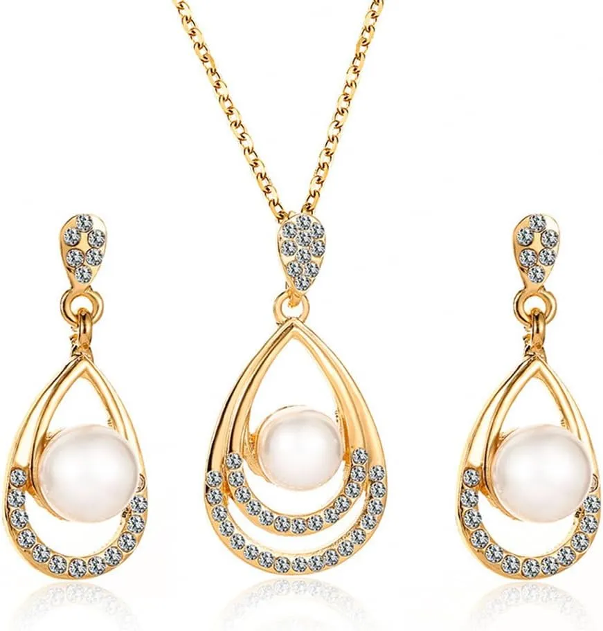 Elegant Water Drop Pearl Pendant Necklace and Earring Set - Perfect Jewelry for Weddings and Engagements, Gold