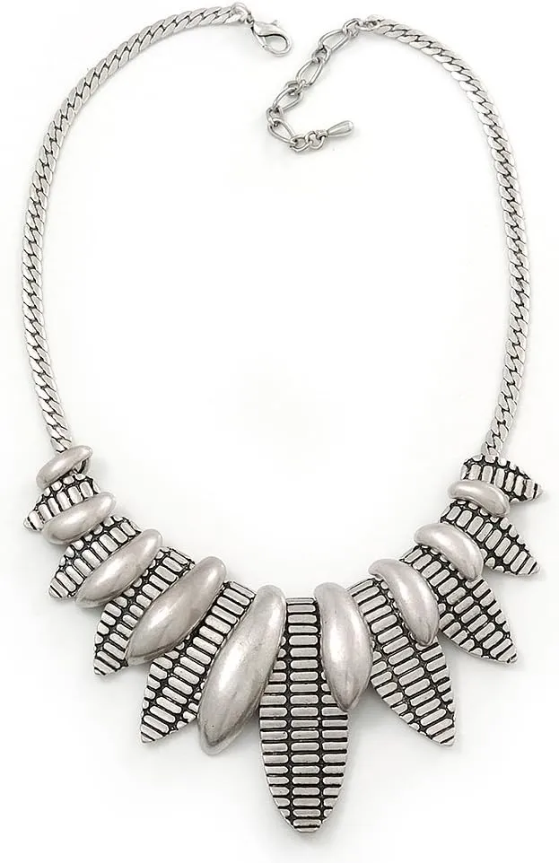 Ethnic Hammered Leaf Necklace In Burn Silver Metal - 42cm Length/ 5cm Extension