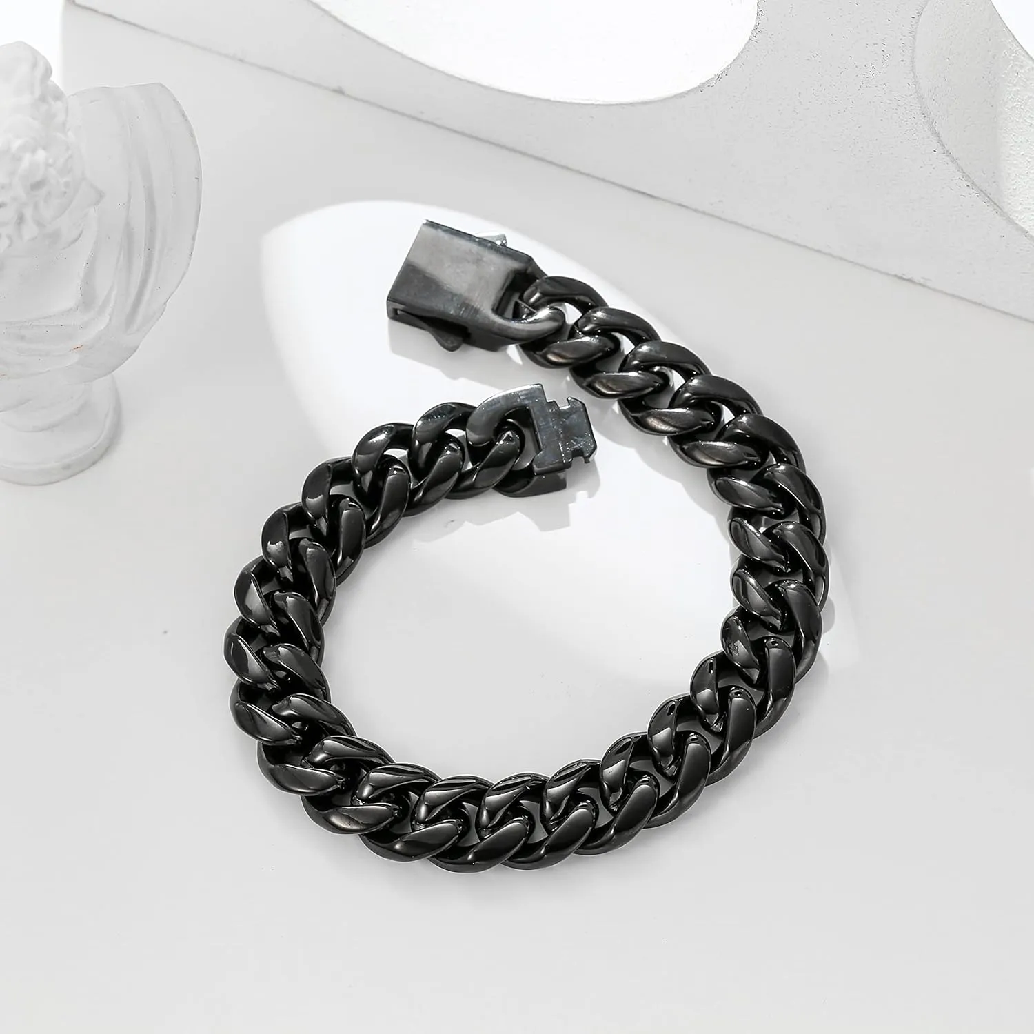 FAMARINE Stainless Steel Cuban Link Chain Bracelets for Men 8/9 Inches, Square Box Buckle Miami Silver Cuban Link Chain Bracelet